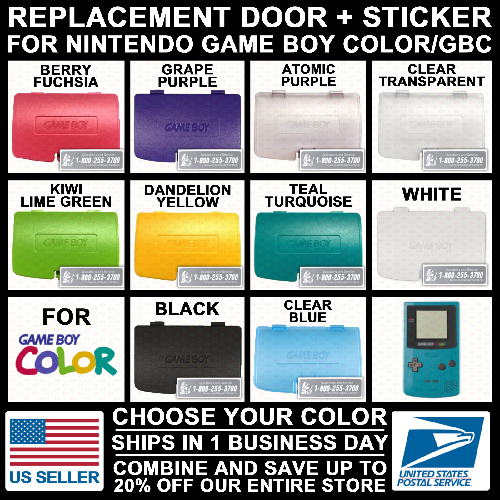 GBC Game Boy Color Battery Cover Door Kiwi Atomic Purple Grape Teal + STICKER