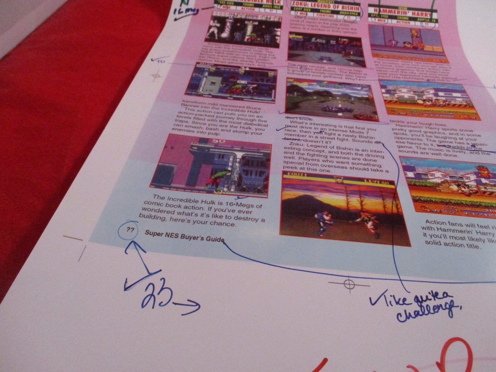 Super NES Buyer’s Guide Magazine Prototype Sheet Hulk Zoku Hammerin’ Harry