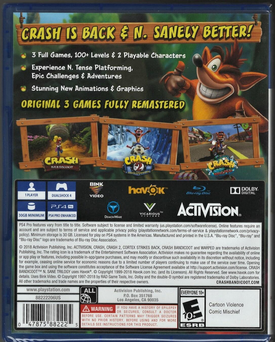Crash Bandicoot N. Sane Trilogy 2.00 PS4 (Brand New Factory Sealed US Version) P