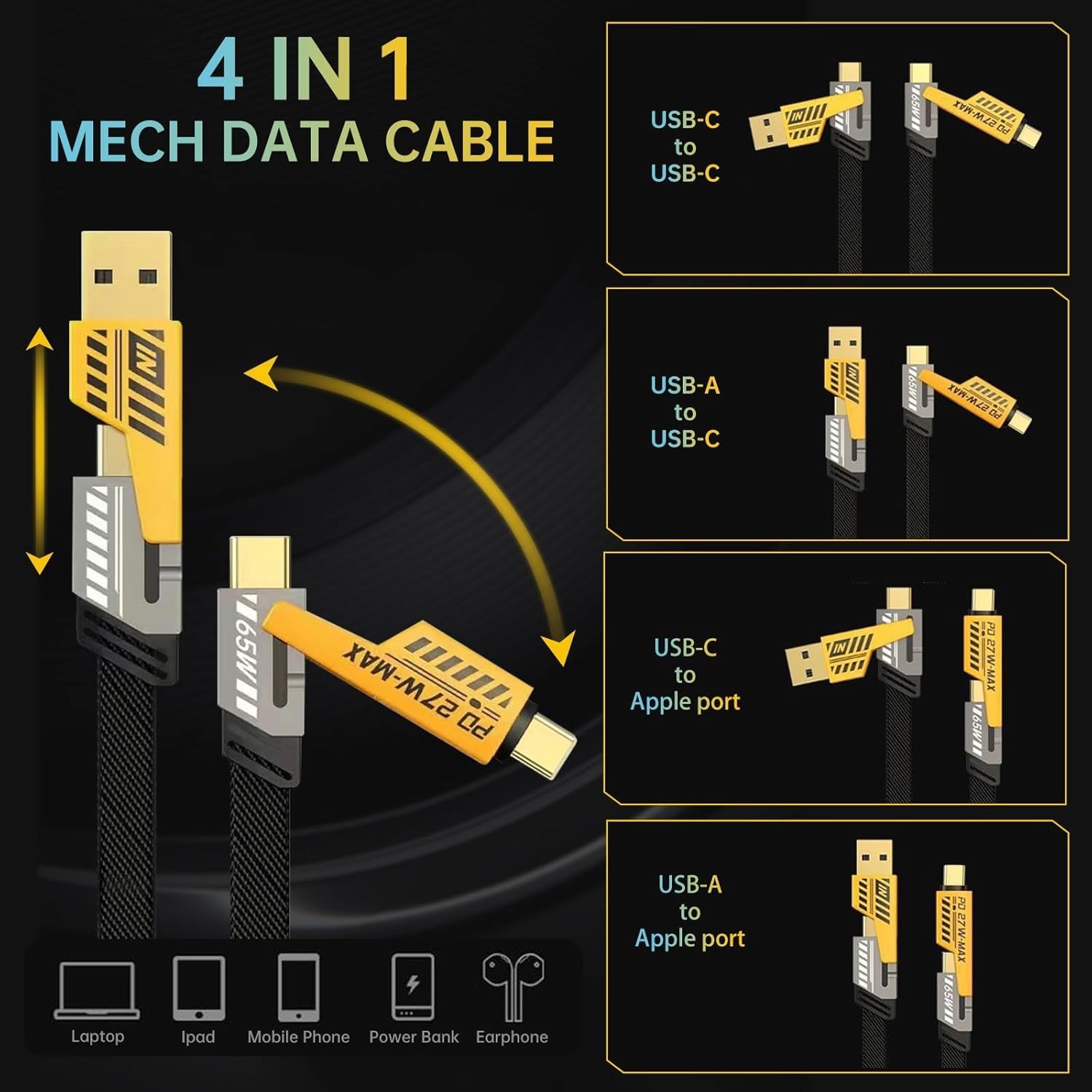 4 in 1 Mecha Fast Charging Data Cable Cord PD 27W For All Models 4 Ports Switch*