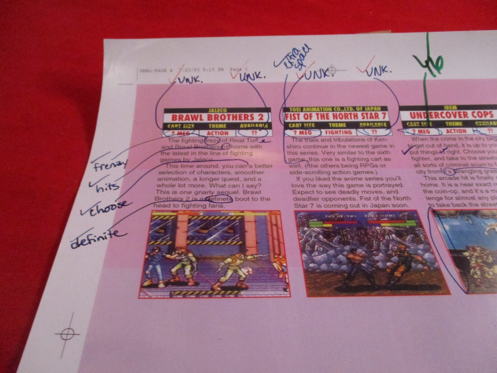 Super NES Buyer’s Guide Magazine Prototype Sheet Brawl Bro N Star Undercover Cop
