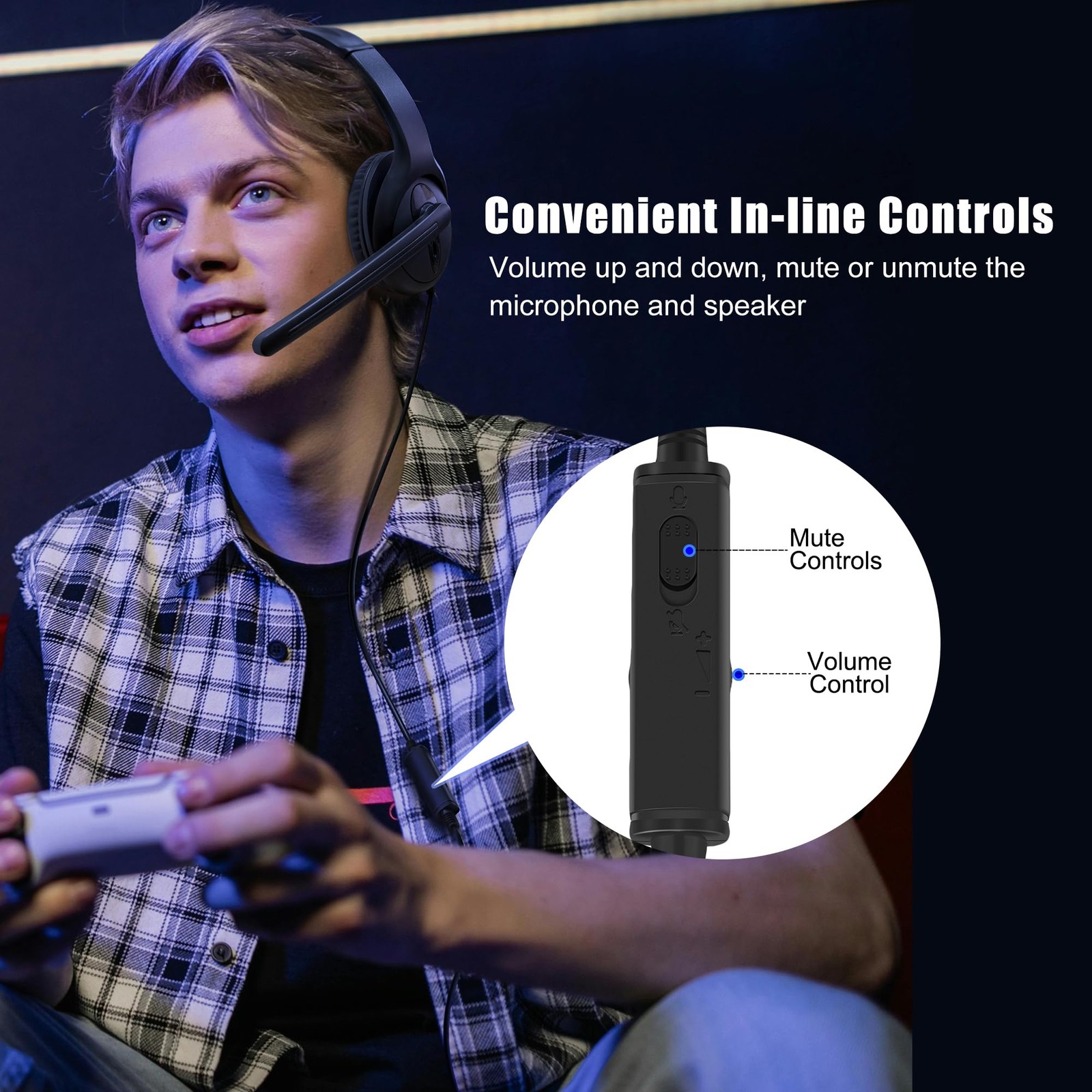 Wired One Ear Headset with Mic, 3.5mm/Type-C/USB Gaming for Black