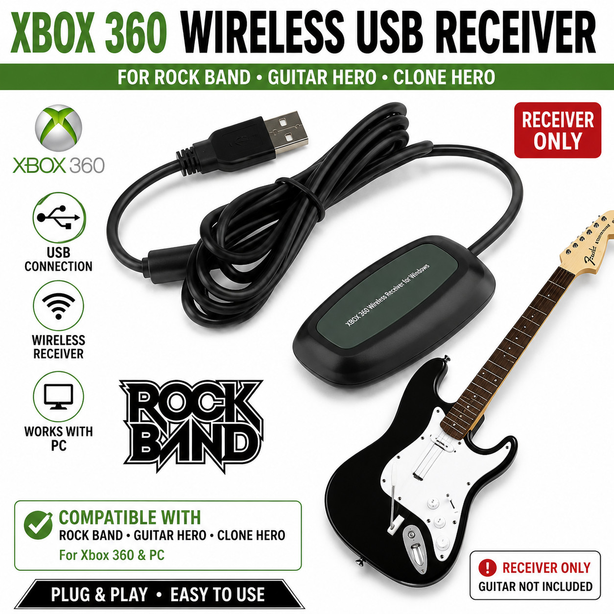Xbox 360 Wireless USB Receiver PC Adapter Guitar Hero Clone Hero Dongle