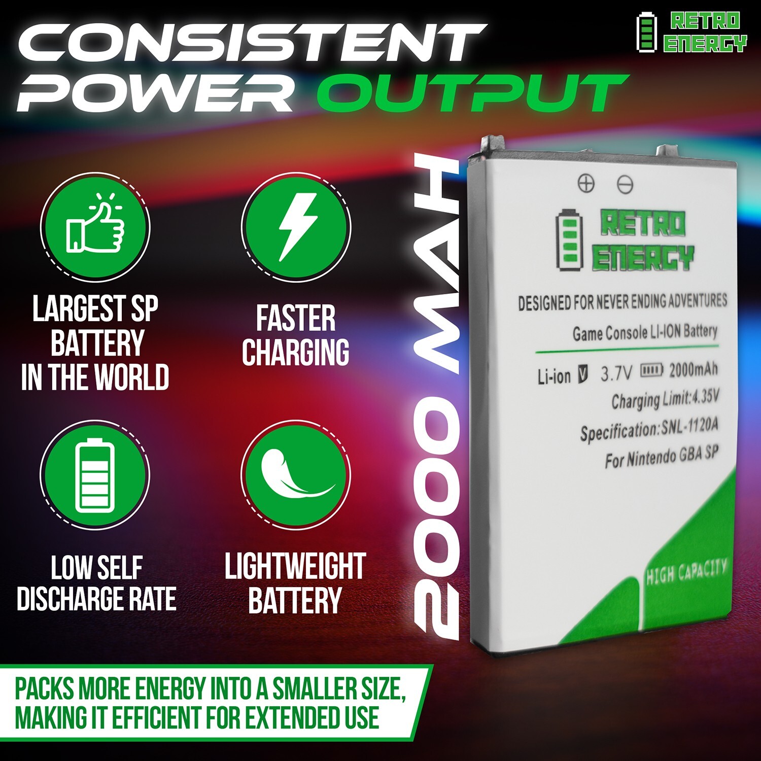 Retro Energy Gameboy Advance SP Battery 2000 mAh GBA Lithium Ion LARGEST BATTERY