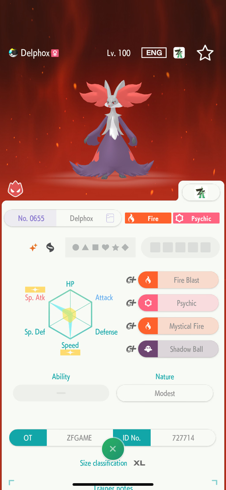 ✨6IV SHINY Delphox From ZA + EVS🚀 POKEMON HOME✨Champions✨Online delivery⚡