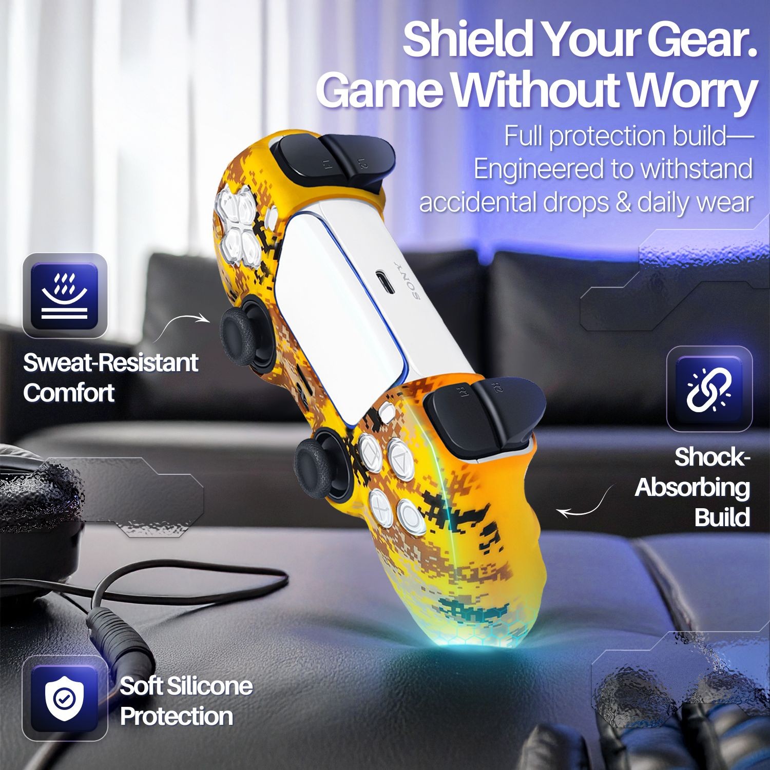 PS5 Controller Skin Grip Cover Silicone Gel Rubber w/ 8 Thumb Caps – Camo Yellow