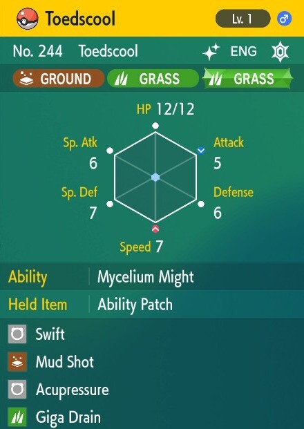 Pokemon Scarlet and Violet 6iv Shiny Max EV Toedscool