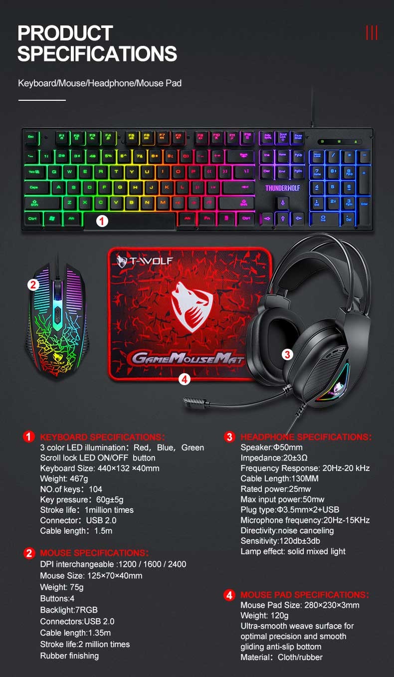 3 IN 1 PC Gaming Keyboard Mouse Gaming Headset Set RGB LED Backlit USB Wired