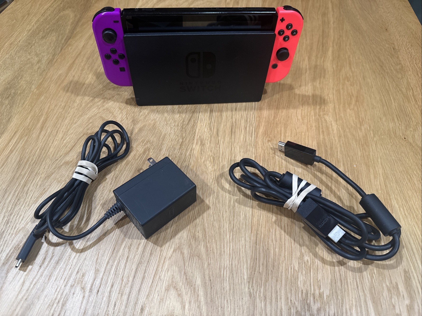 Nintendo Switch Console V2–Neon Purple & Neon Red Joy-Cons–Tested–Dock & Charger