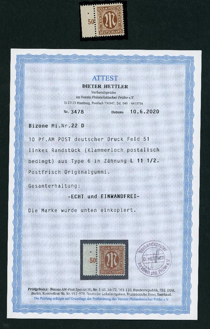 All. Occupation Bizone AMPost Michel No. 22d mint never hinged edge piece…