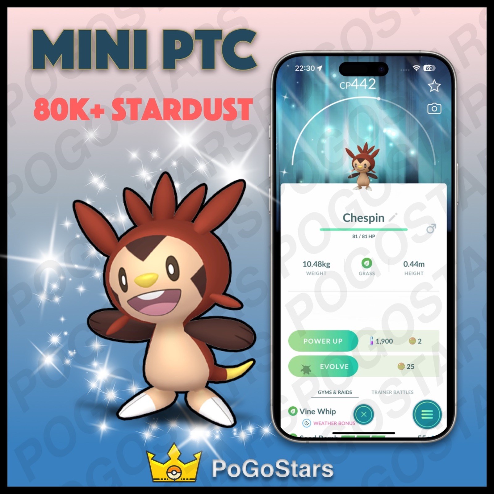 Pokémon PTC Go – Shiny Chespin – X – 80K Stardust✨Special Background✨