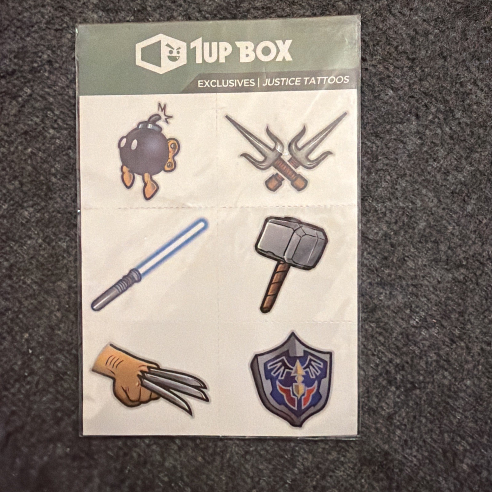 1UP Box Justice Temporary Tattoo Bob-Omb Ninja Turtles Zelda Thor Wolverine Jedi
