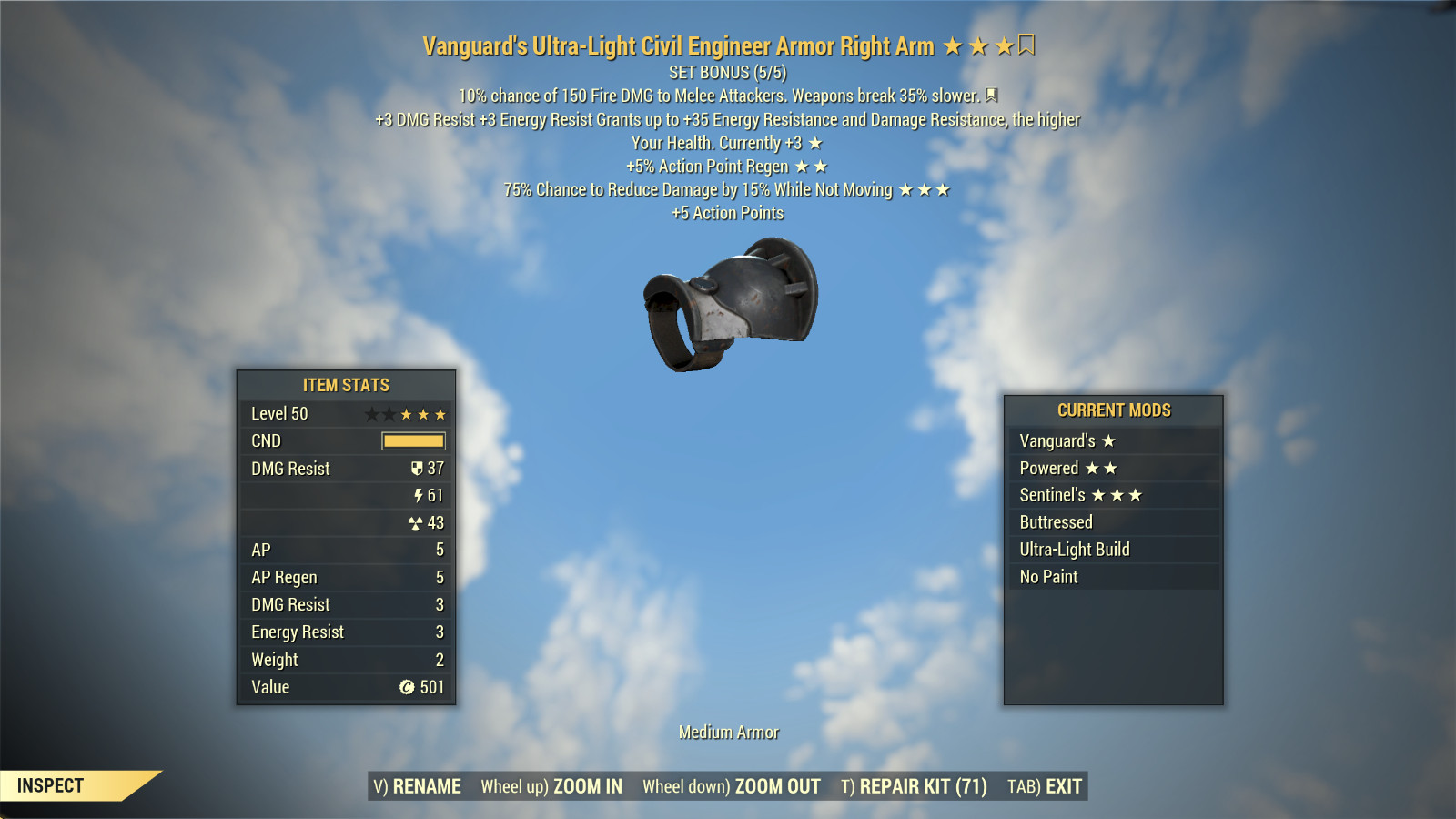 FALLOUT 76 PC CIVIL ENGINEER ARMOR SET VANGUARD’S POWERED SENTINEL’S +HELMET