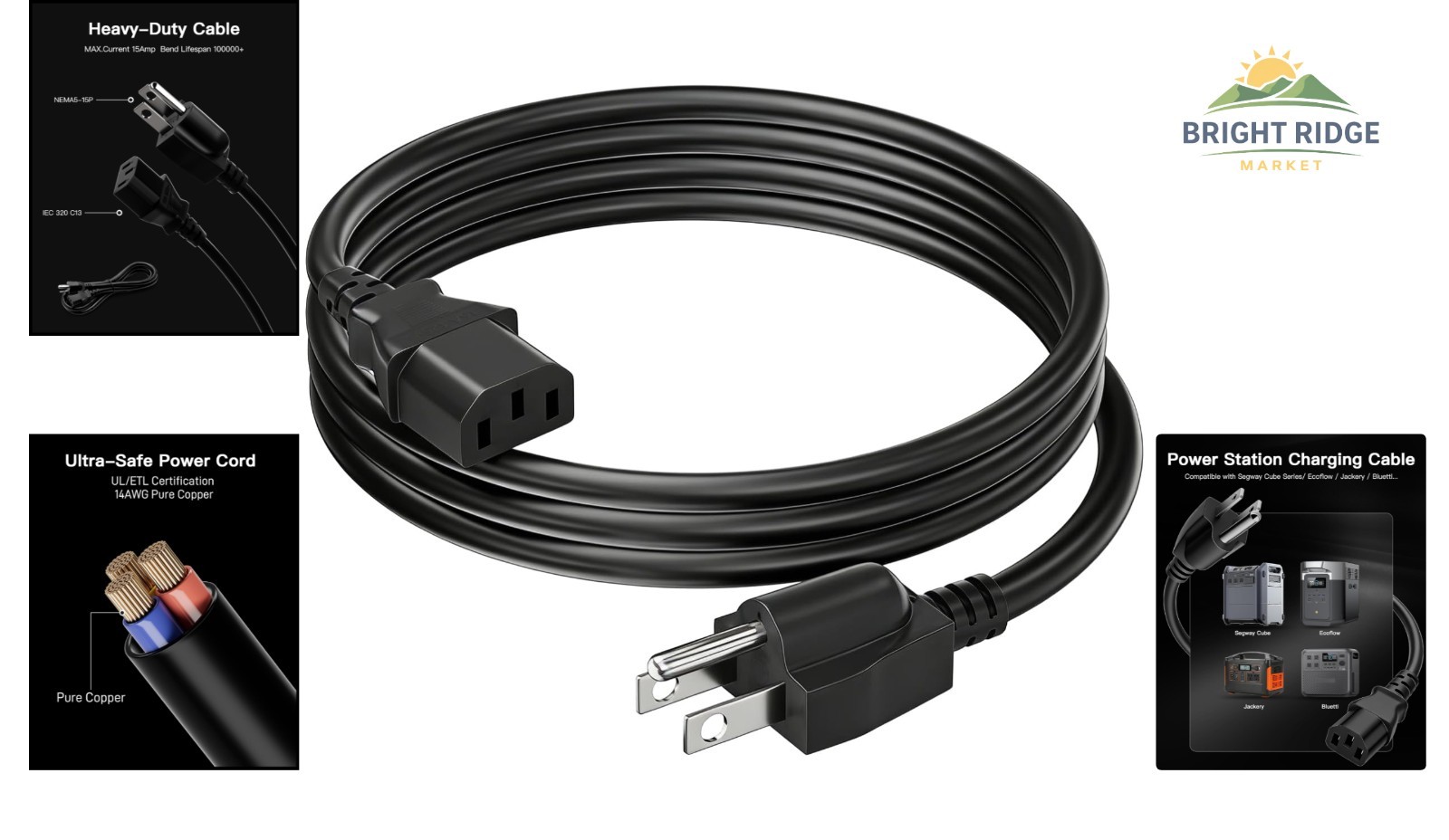 Indoor and Outdoor 10FT AC Power Cable, Compatible with Various Power Stations