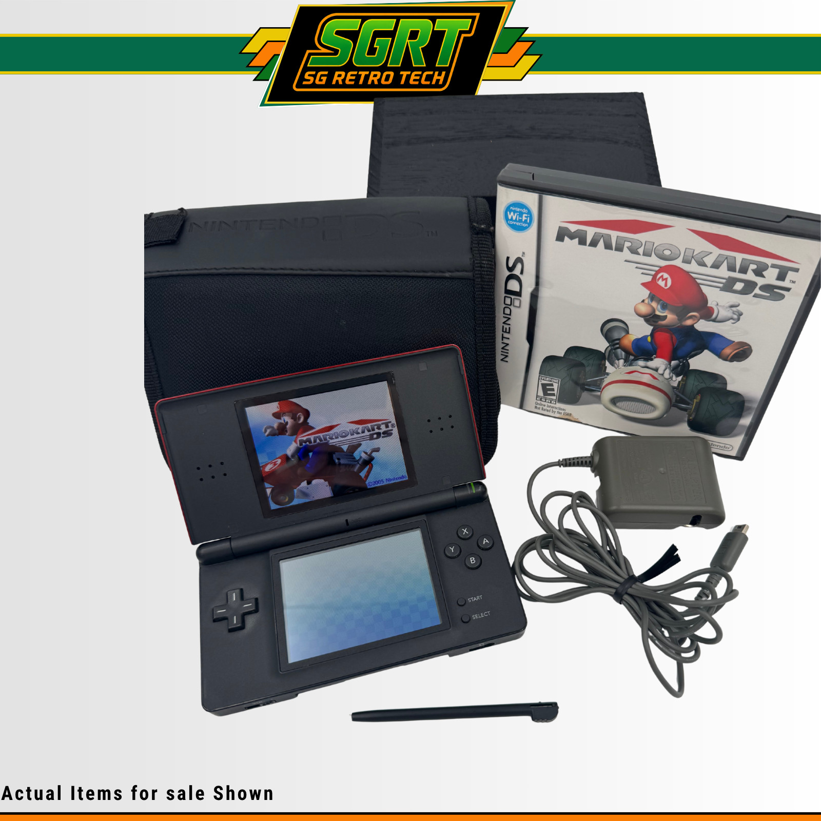 Nintendo DS Lite Crimson Red Black Mario Kart Bundle Case OEM Charger Tested