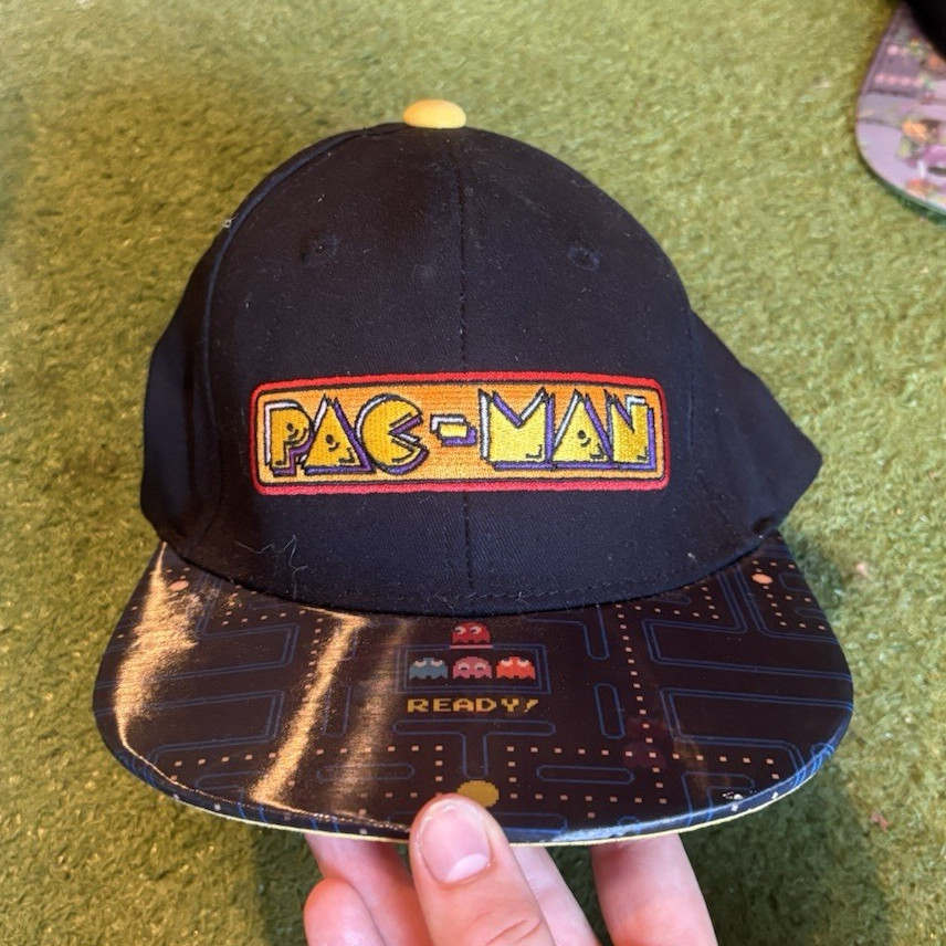 Pac-Man Adjustable Snapback Hat Black & Yellow Arcade Maze Print Brim