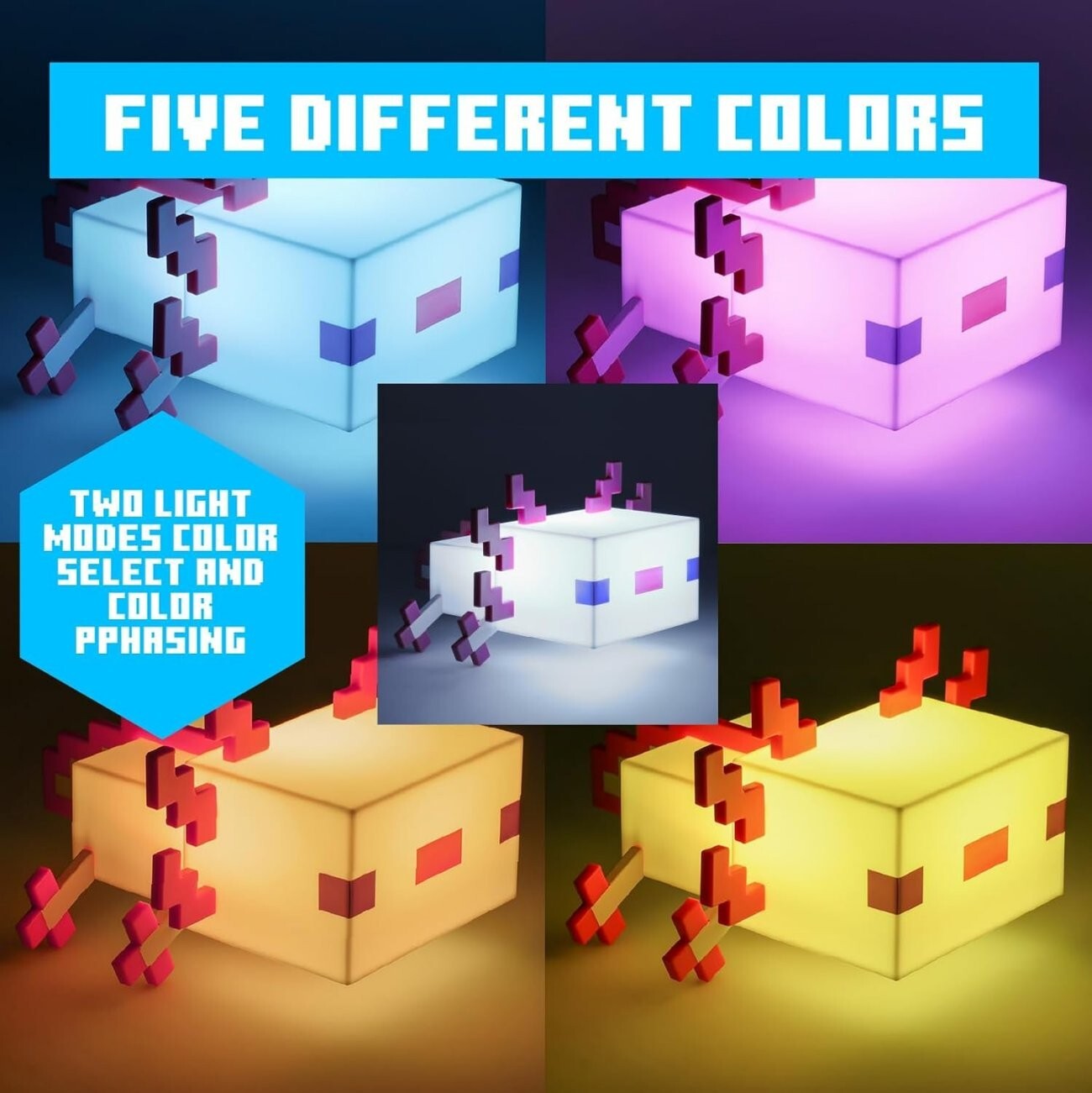 Minecraft Axolotl Light Up Lamp 5 Color Modes Game Décor Night Mojang Video Game