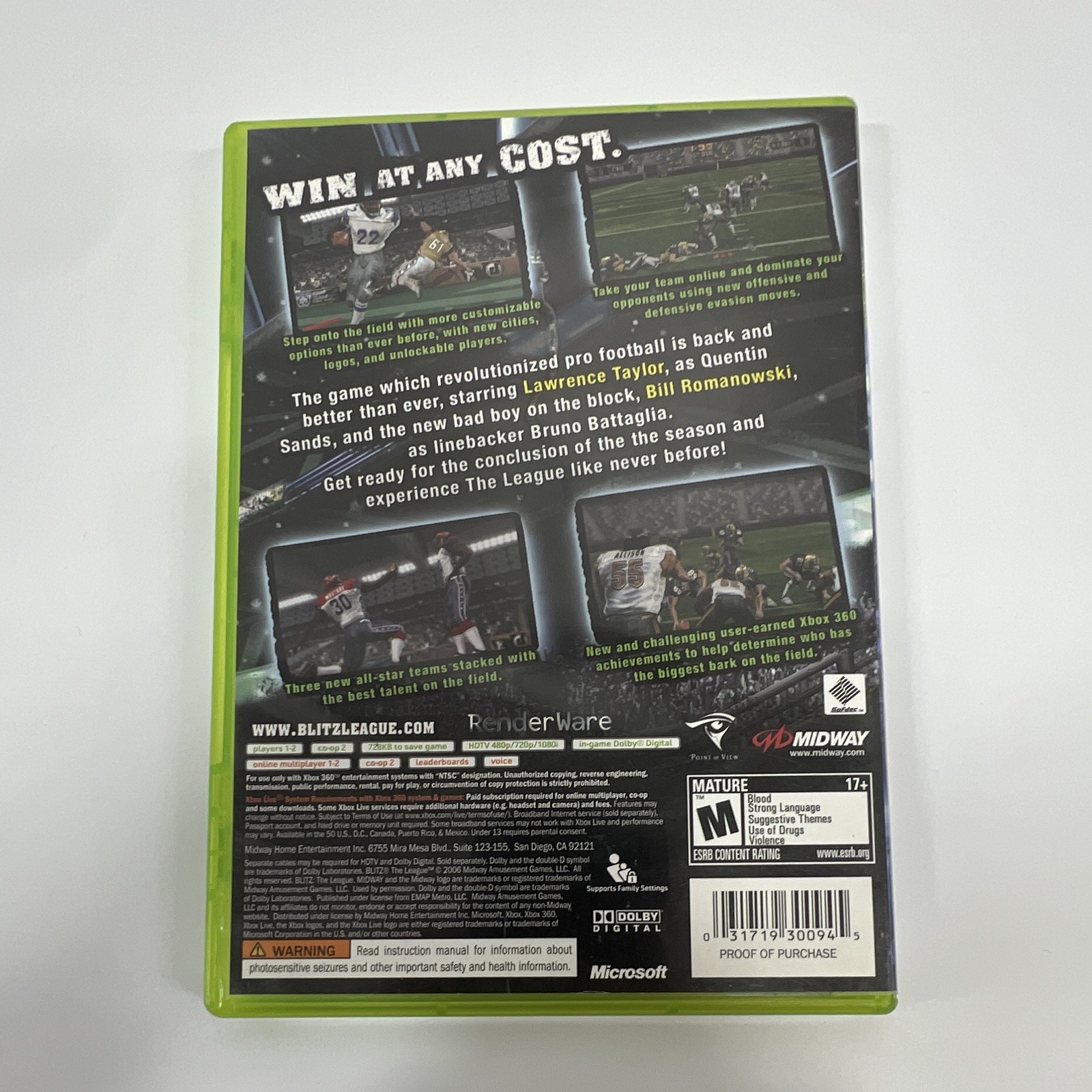 Midway Blitz: The League Microsoft Xbox 360 M NTSC-U/C 2006 Football Manual