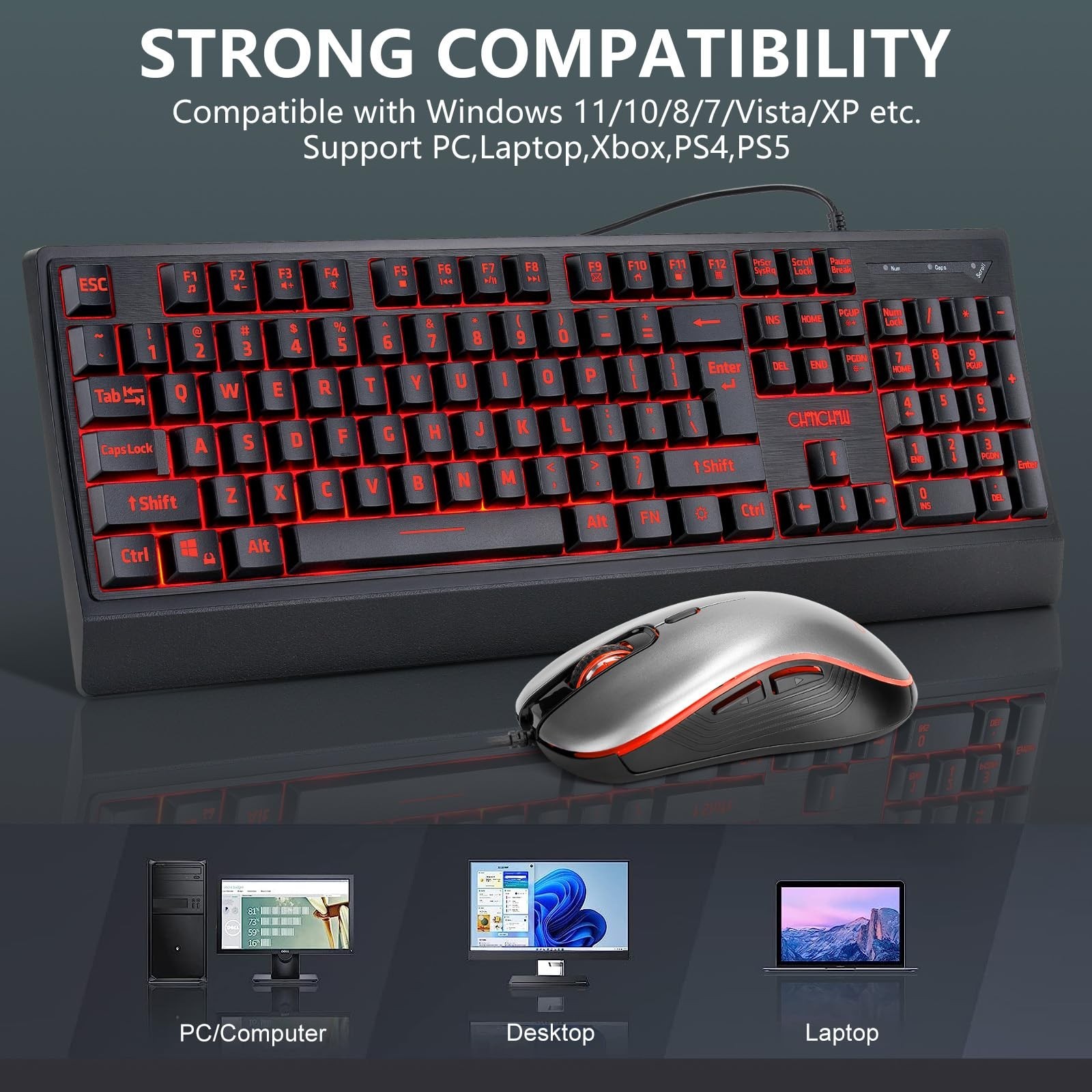 USB Wired Keyboard and Mouse Combo with Red-Yellow-Green LED, Silent Gaming K…