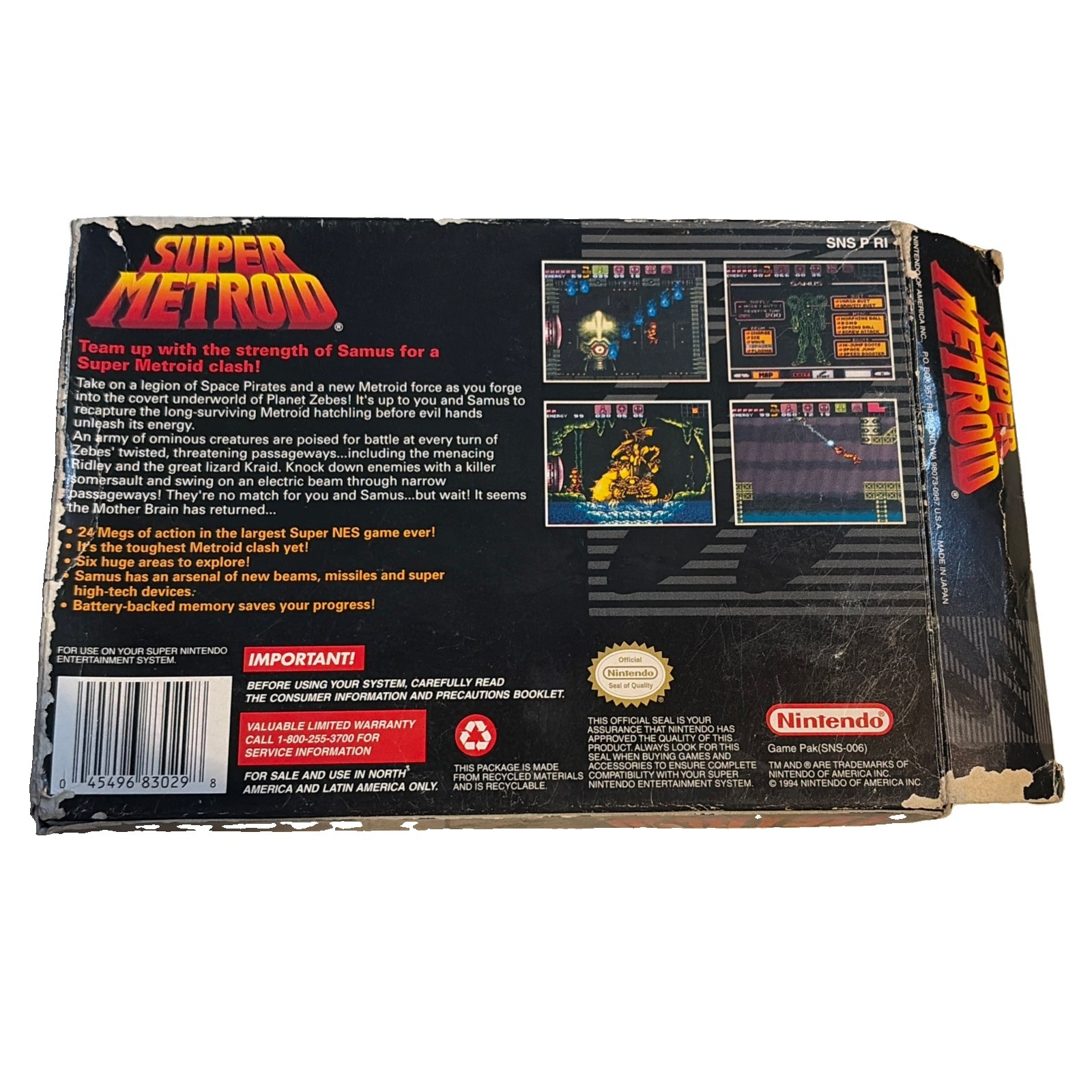 Super Metroid (SNES, 1994) AUTHENTIC , TESTED , WITH BOX , NO MANUAL