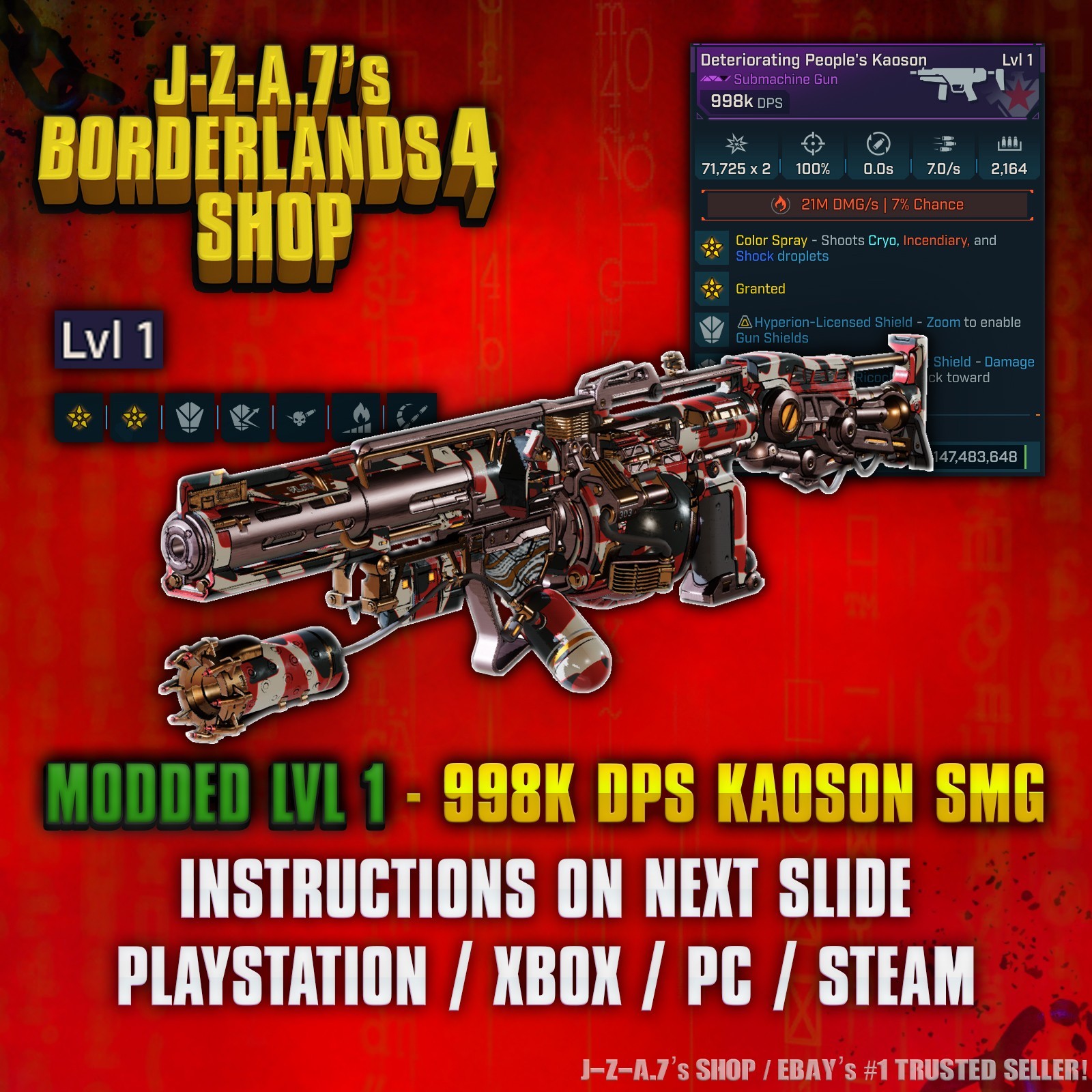 Borderlands 4✨ MODDED LEVEL ONE 998K DPS KAOSON SMG LVL 1 BL4 ✅PC-PS-XBOX✨