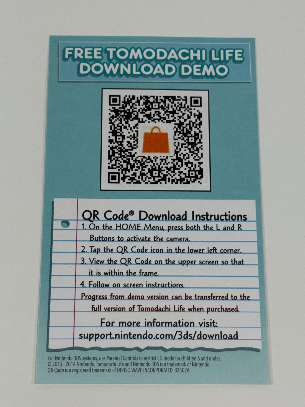 Nintendo 3DS Tomodachi Life Demo Promo Card Nintendo 2014 Expired COLLECTIBLE
