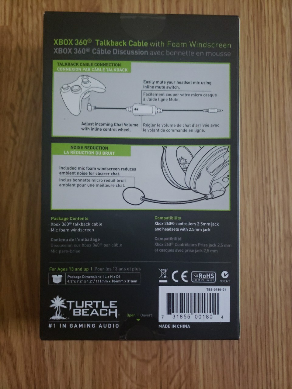 Turtle Beach Xbox 360 Talkback Cable With Foam Windscreen 1.1M/3.6FT Sealed NEW