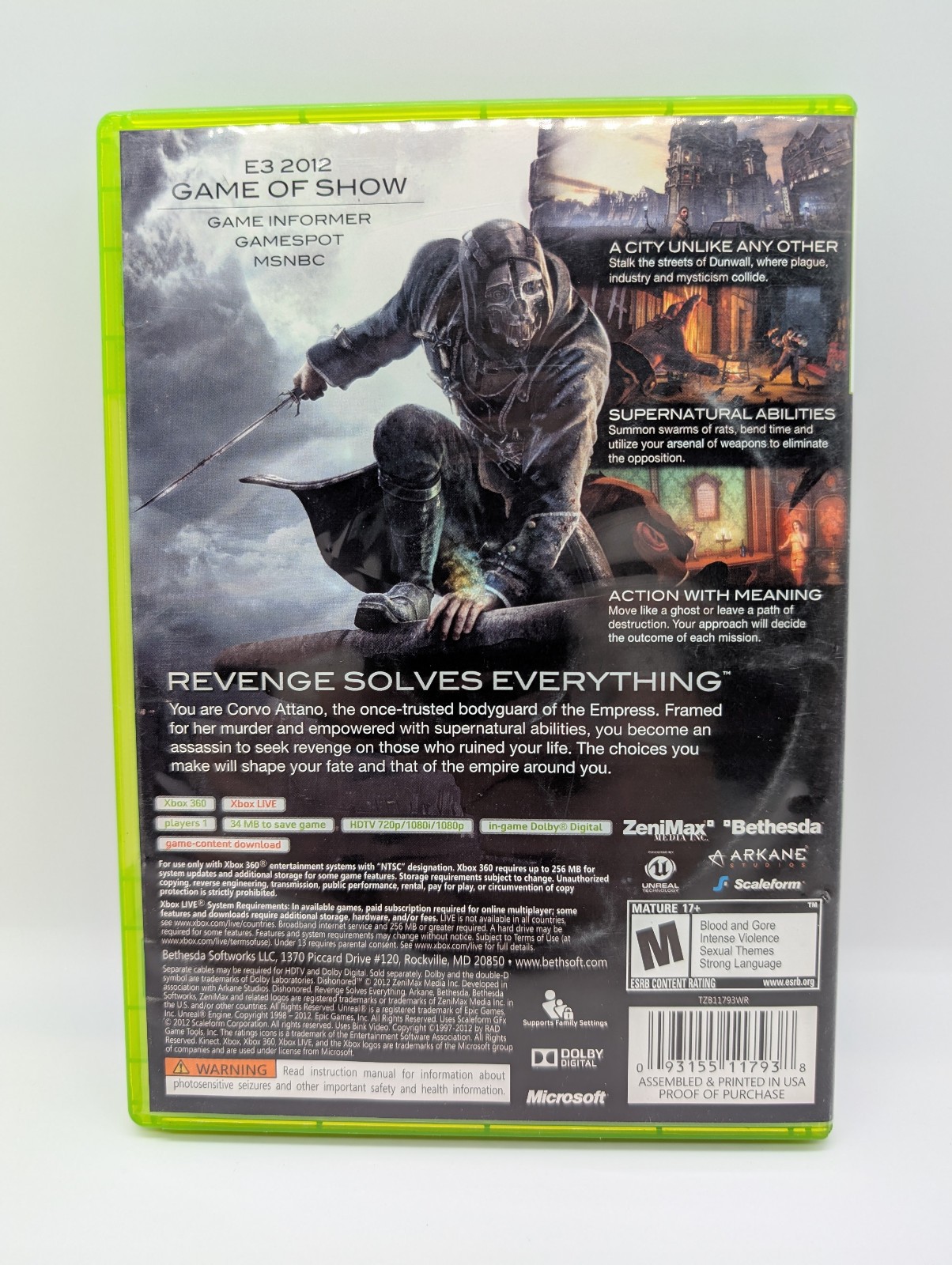 Dishonored (Microsoft Xbox 360, 2012) GOOD W/MANUAL! MAIL IT TOMORROW!