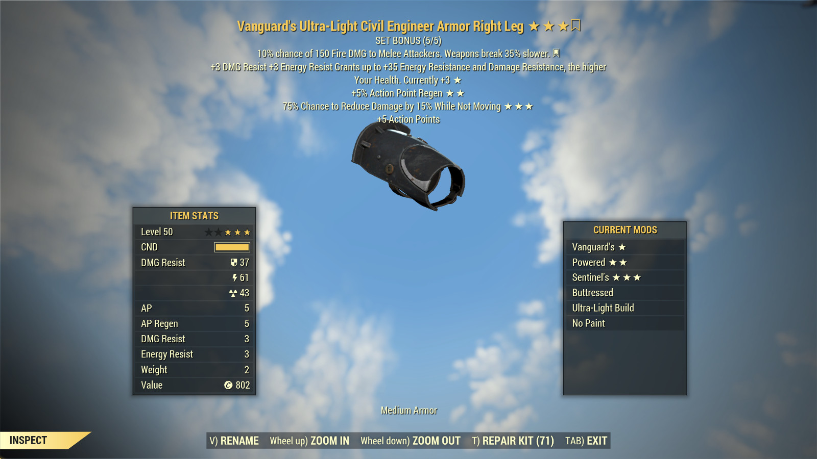 FALLOUT 76 PC CIVIL ENGINEER ARMOR SET VANGUARD’S POWERED SENTINEL’S +HELMET