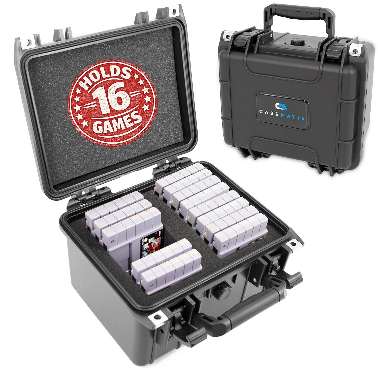 CASEMATIX SNES Game Storage Case fits 16 SNES Cartridges – Waterproof Hard Shell