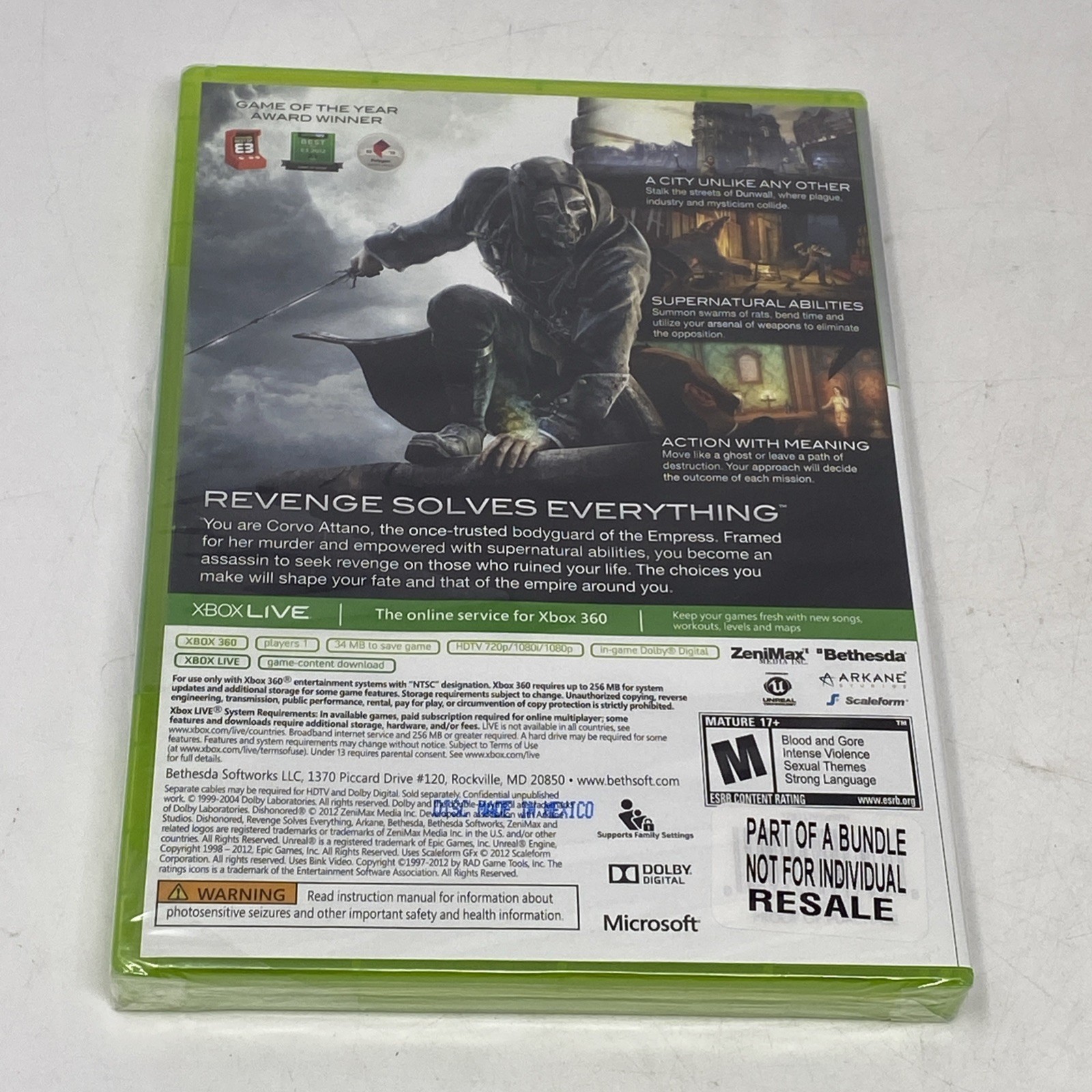 Dishonored Microsoft Xbox 360 Platinum Hits PH Brand New Sealed