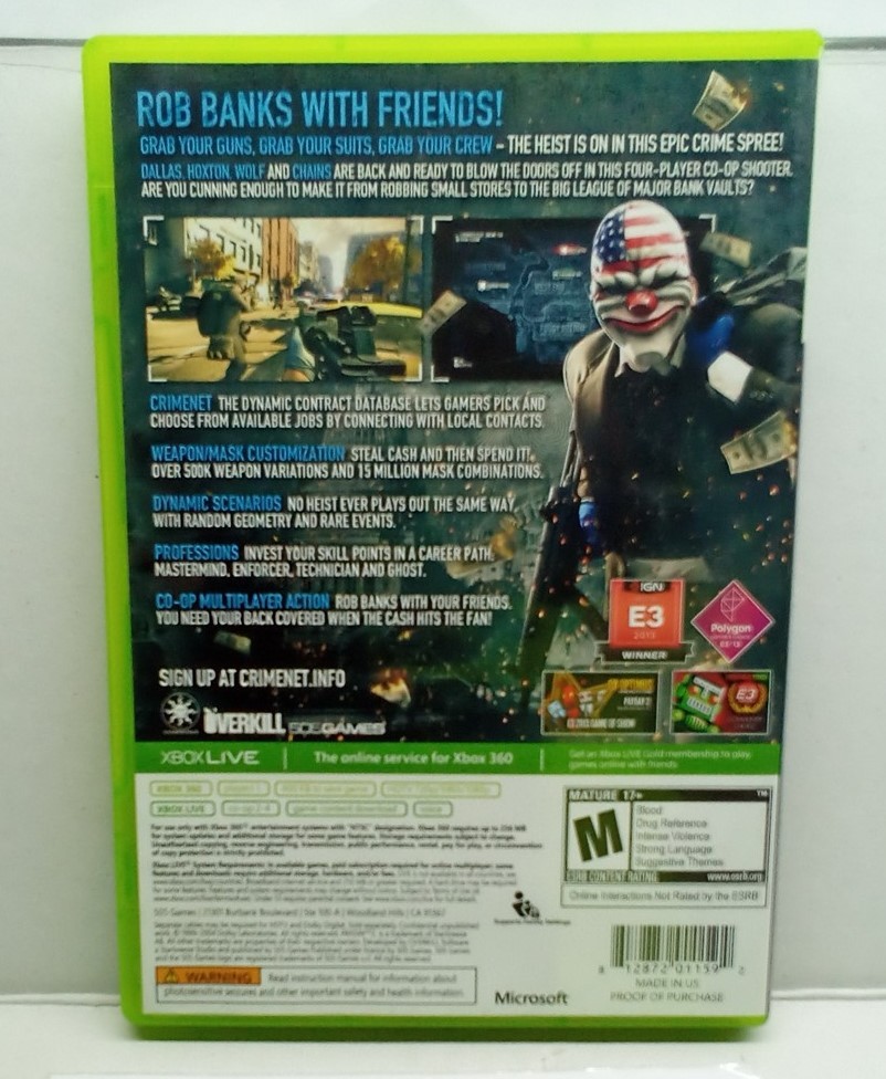 Payday 2 (Xbox 360, 2013) Complete Tested Working – Free Ship