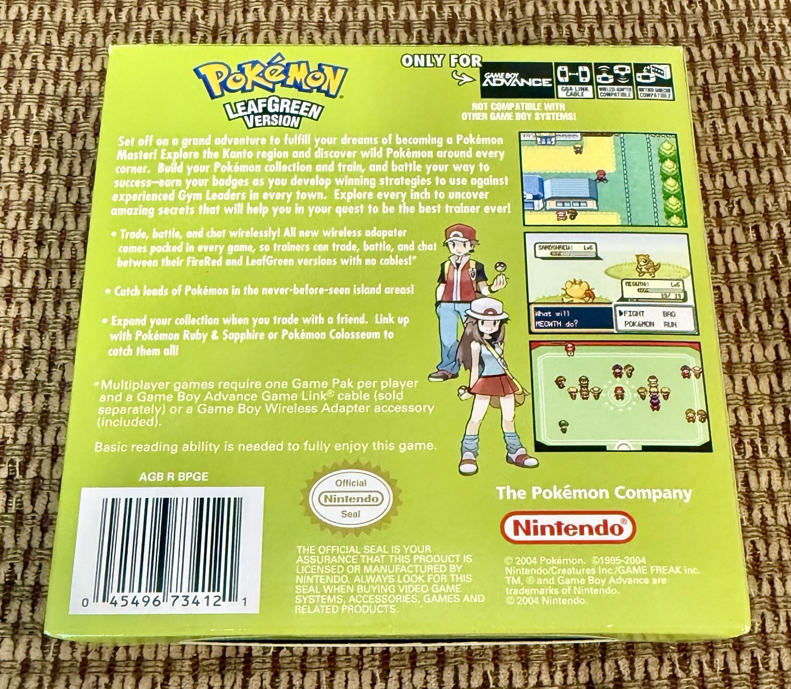 Pokemon Leaf Green CIB Nintendo Gameboy Advance GBA COMPLETE Adapter Box Game