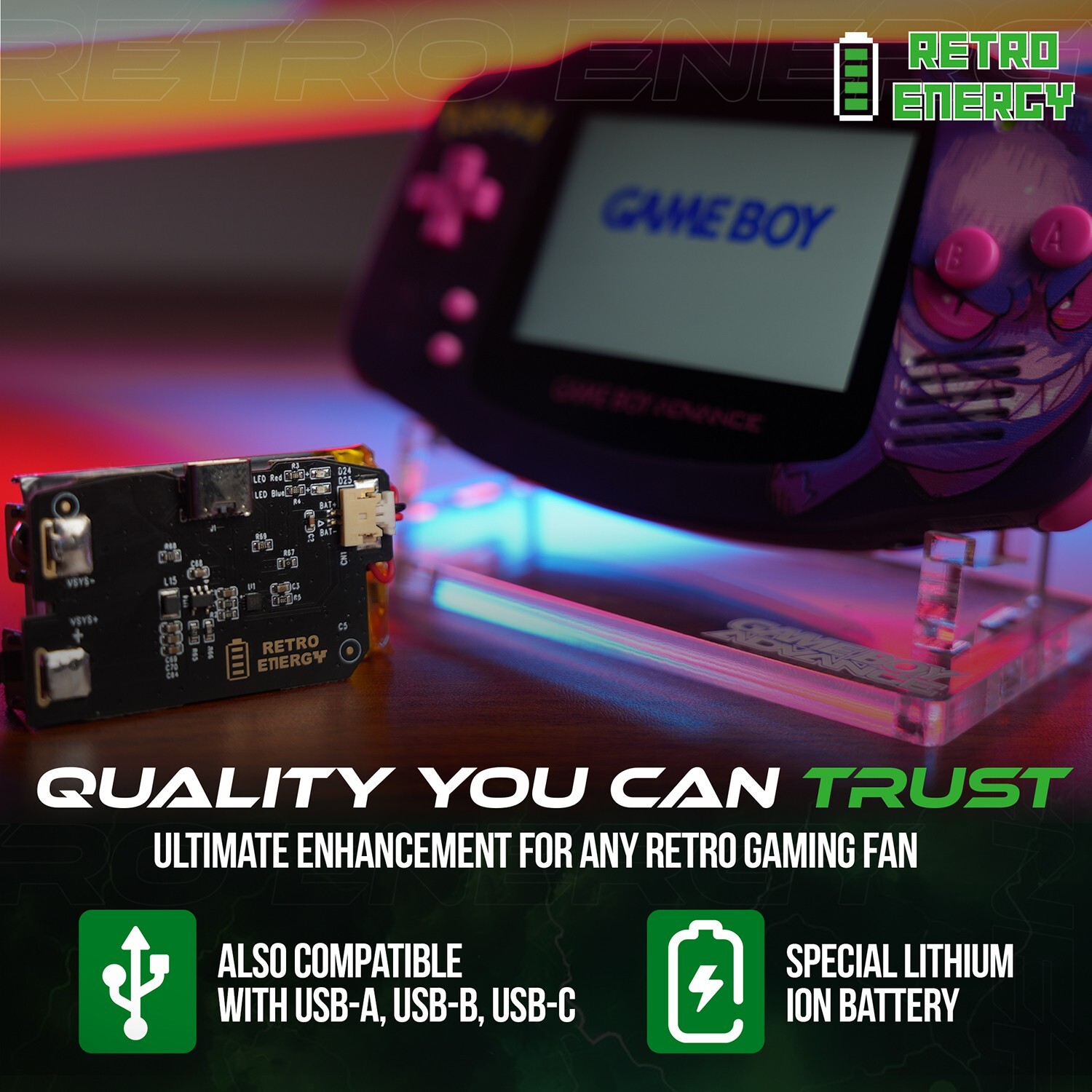 Retro Energy 1800 mAHz Game Boy Advance USB-C Rechargeable Battery – 14+ Hours
