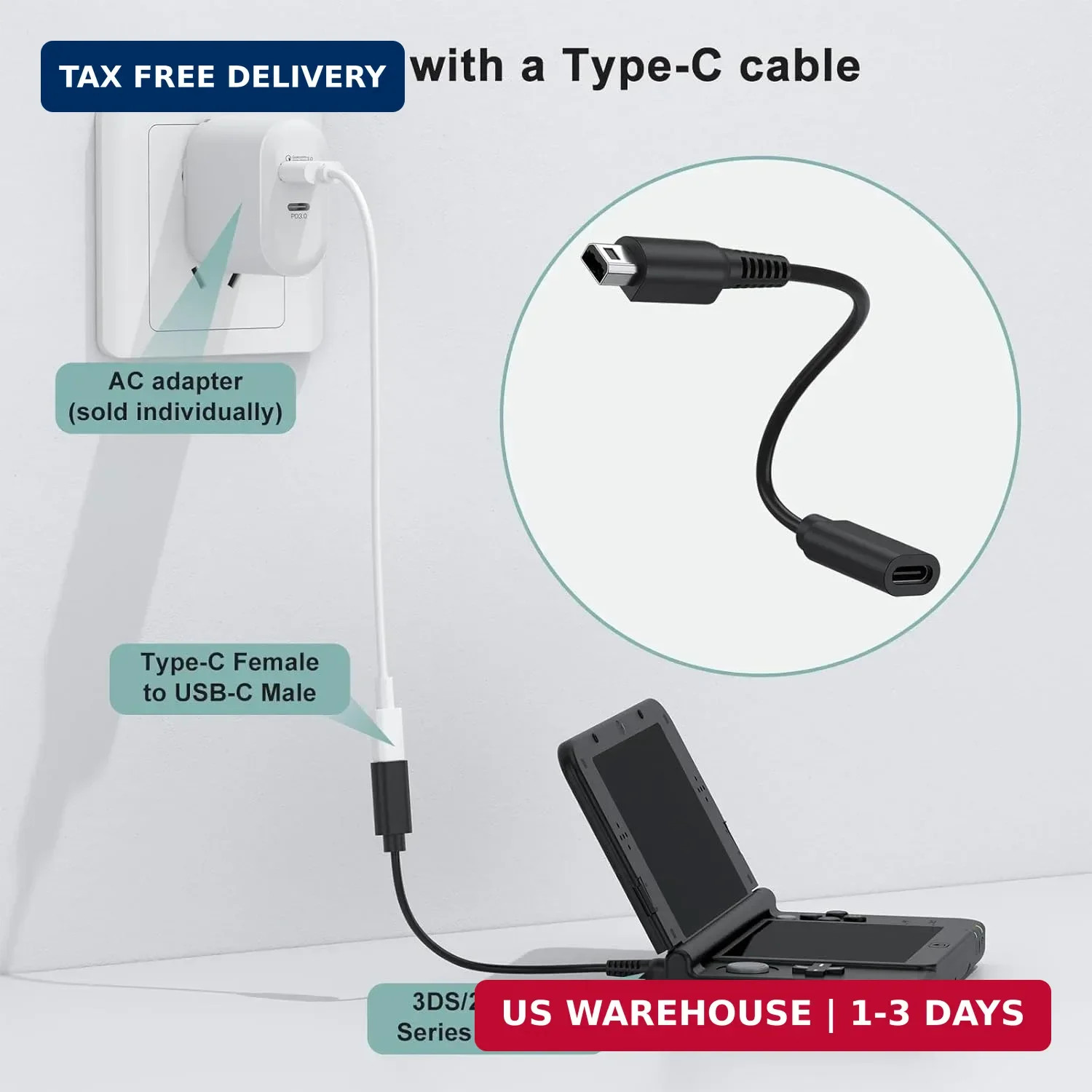 Vancle 2 Pack USB C Charging Cable Adapter for Nintendo New 3DS XL/New 3DS/3DS X