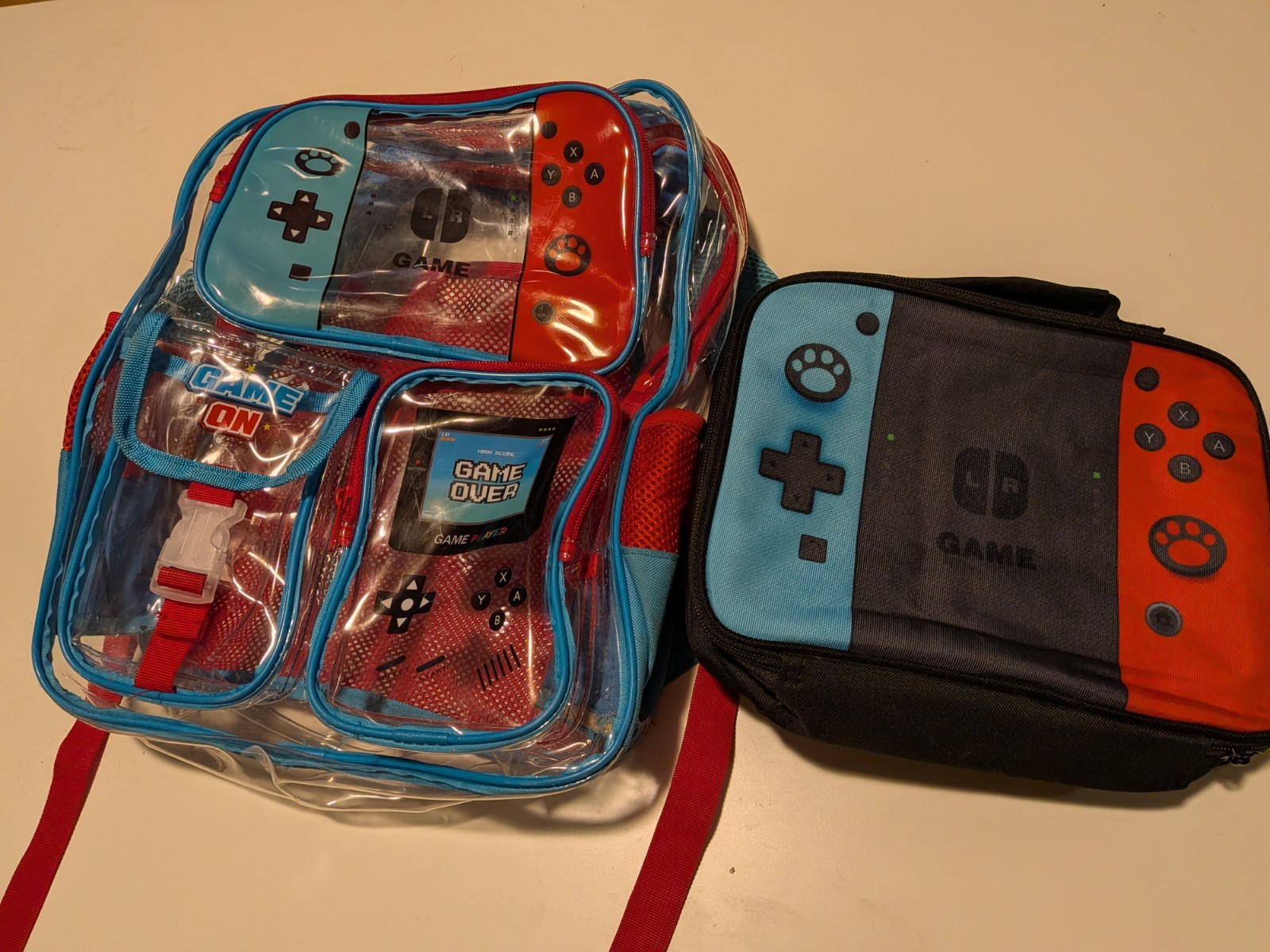 Nintendo Switch Game On/Game Over Padded Clear Backpack + Zippered Case Set