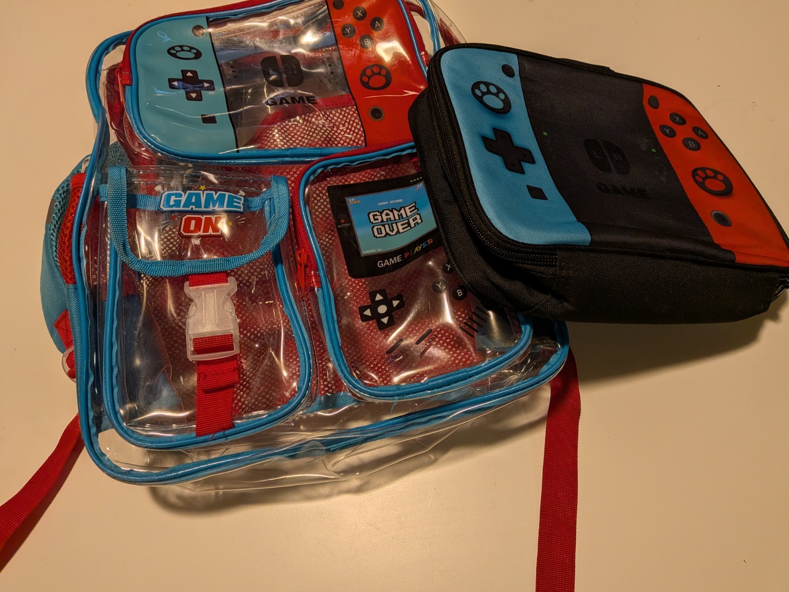 Nintendo Switch Game On/Game Over Padded Clear Backpack + Zippered Case Set