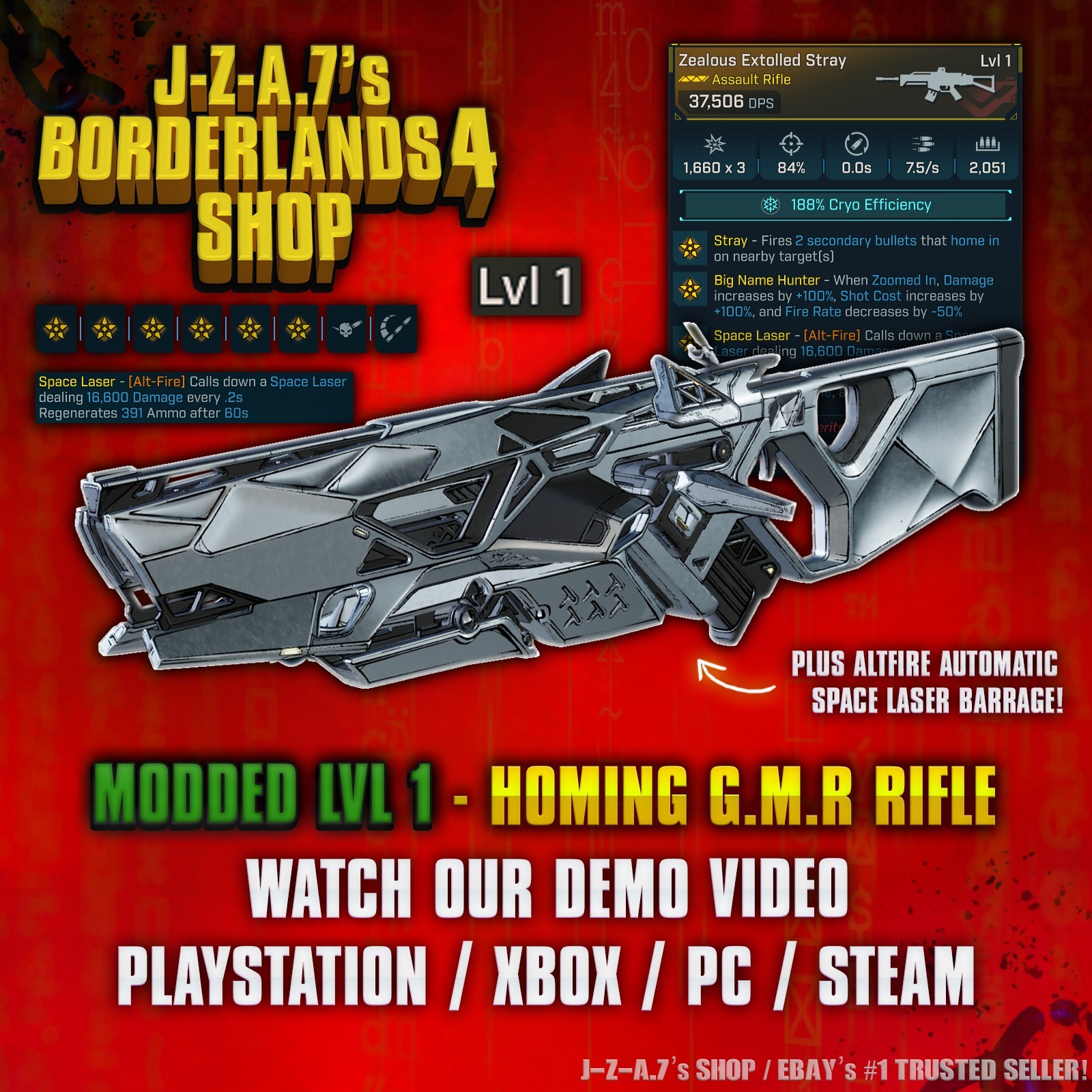 Borderlands 4✨ MODDED LVL 1 ONE 37K DPS HOMING LASER GMR RIFLE BL4 ✅PC-PS-XBOX✨