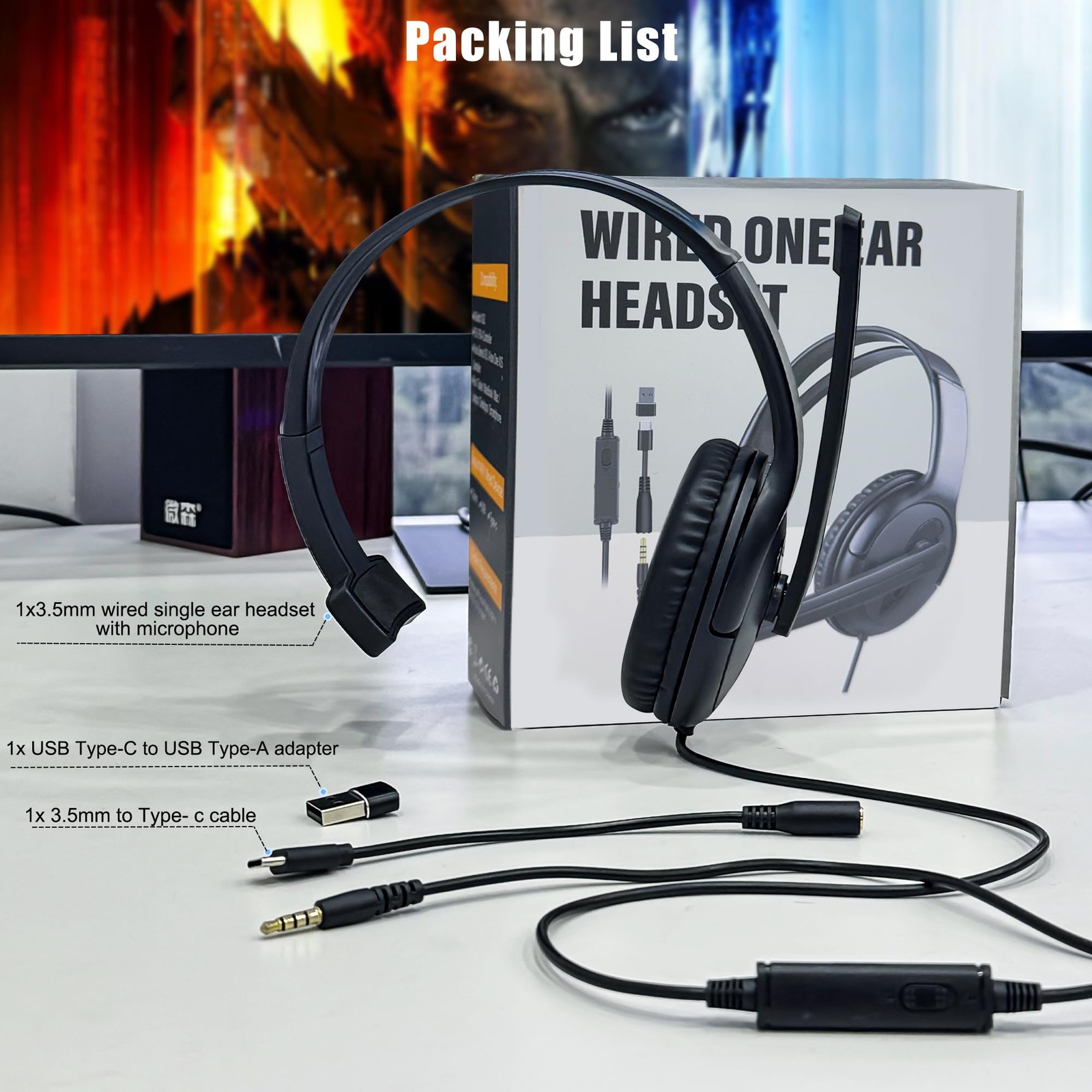 Wired One Ear Headset with Mic, 3.5mm/Type-C/USB Gaming for Black