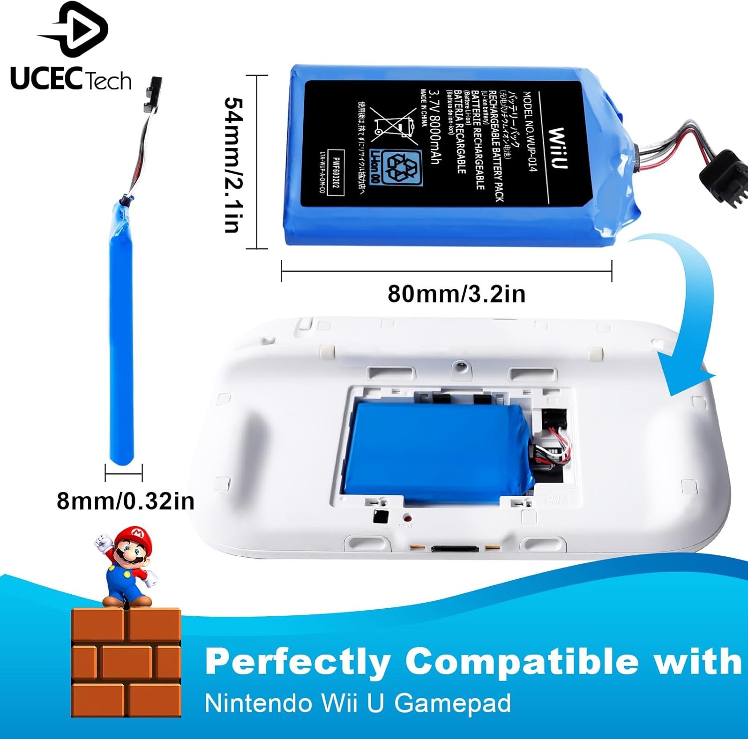 8000mAh Wii U Gamepad Battery, Wii U Battery Replacement Rechargeable Battery Pa