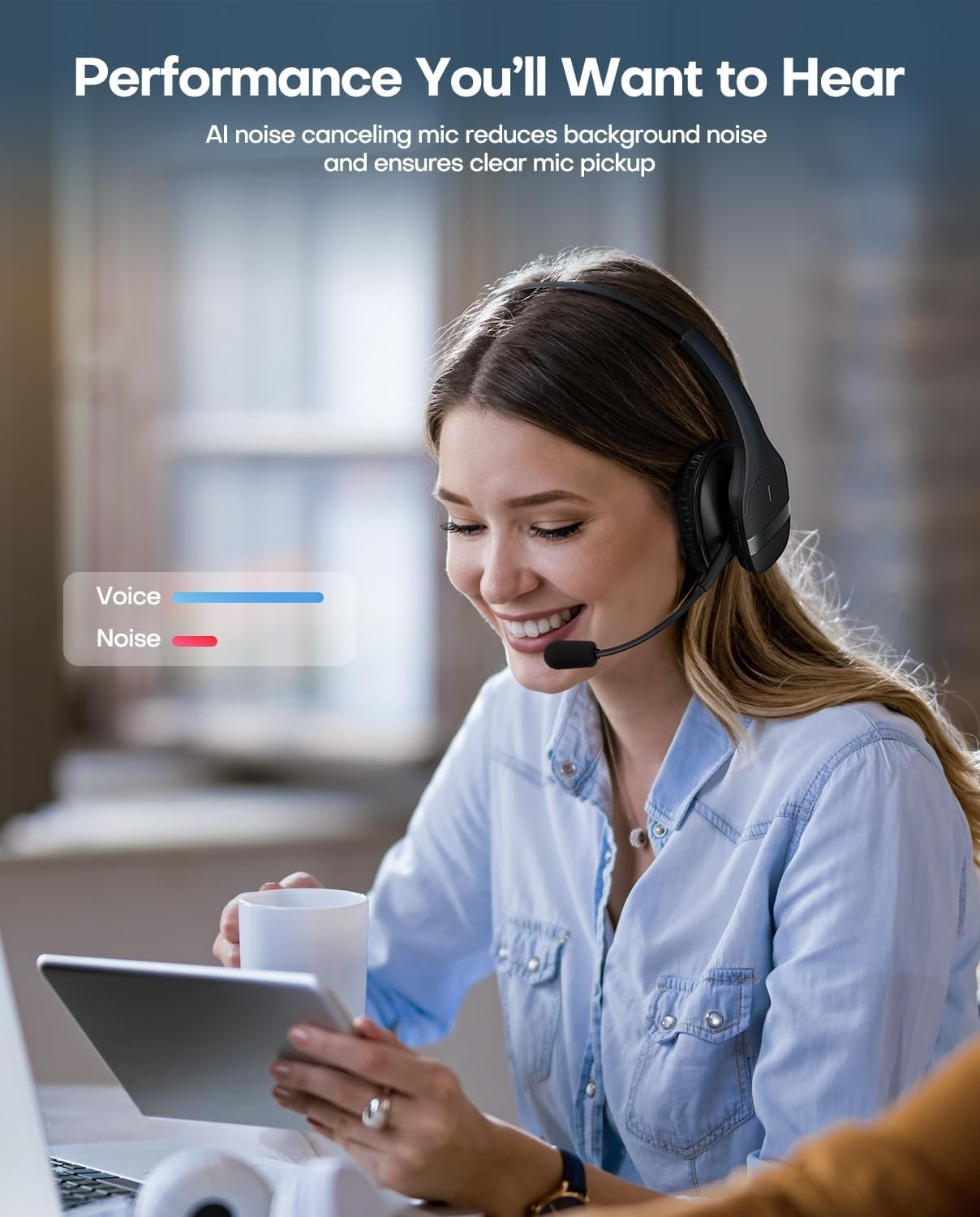 V5.3 Wireless PC Headset with Mic – 130H Playtime, LED Display, Noise Canceling,
