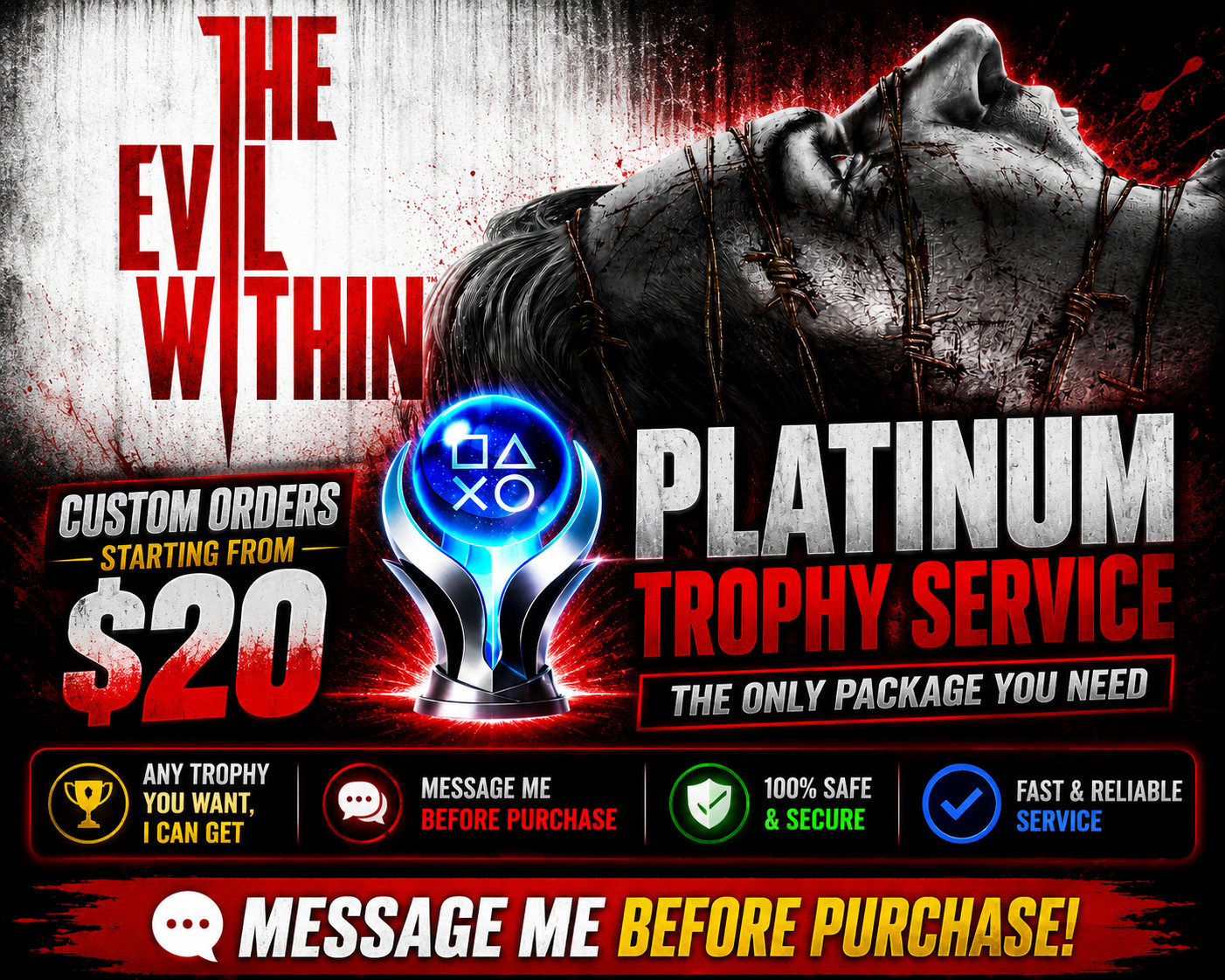 The Evil Within PS4 PS5 Platinum Trophy Service | 100% & DLC | Custom Orders