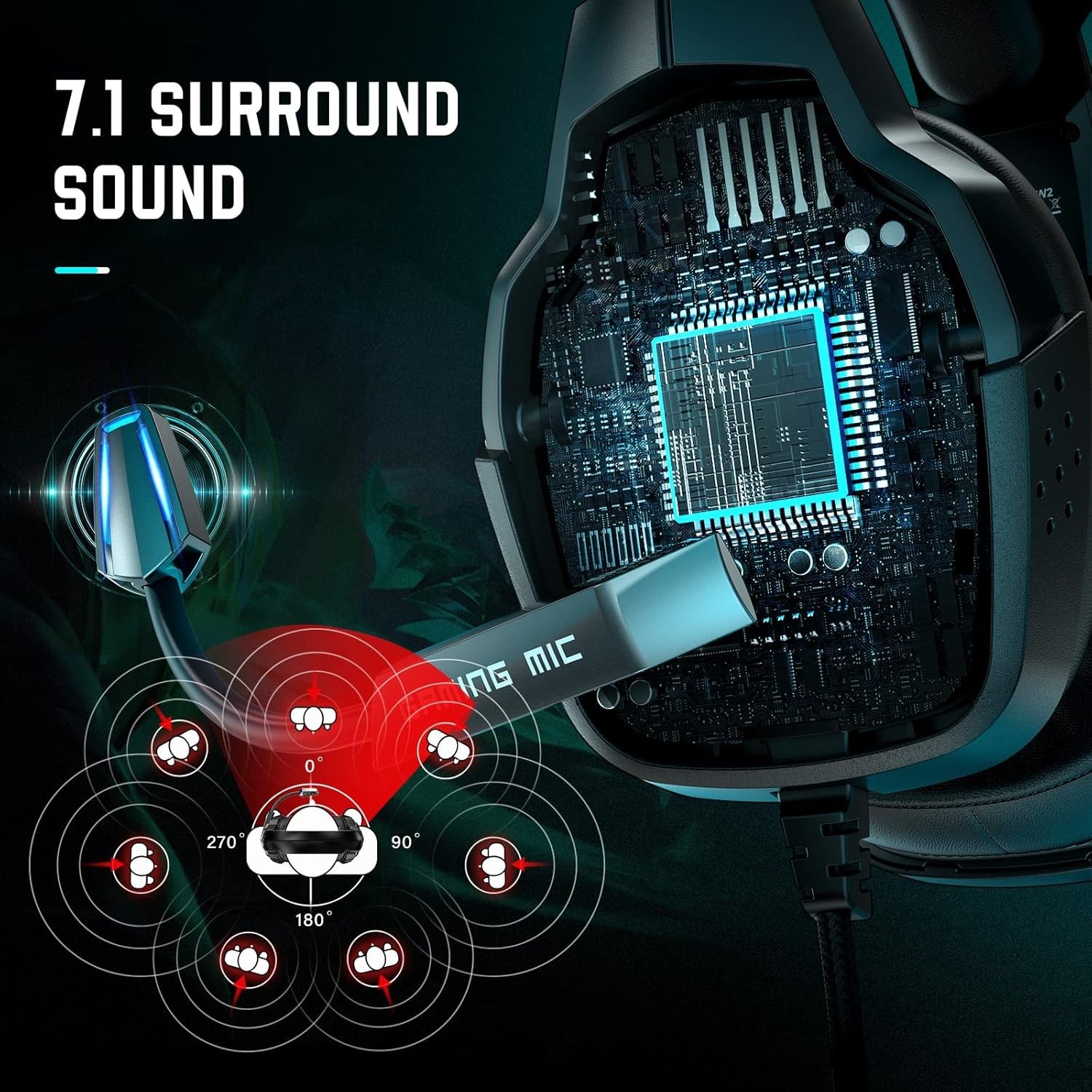 XW2 USB Gaming Headset for PC, 7.1 Surround Sound Gaming Headphones with Noise C