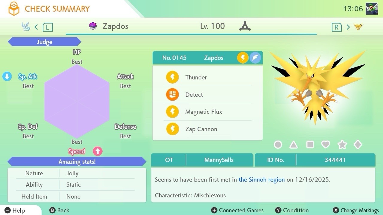 BDSP Caught Legendaries Shiny/Non Shiny, 6IV, Level 100, EVs 6HP 252ATK 252SPE