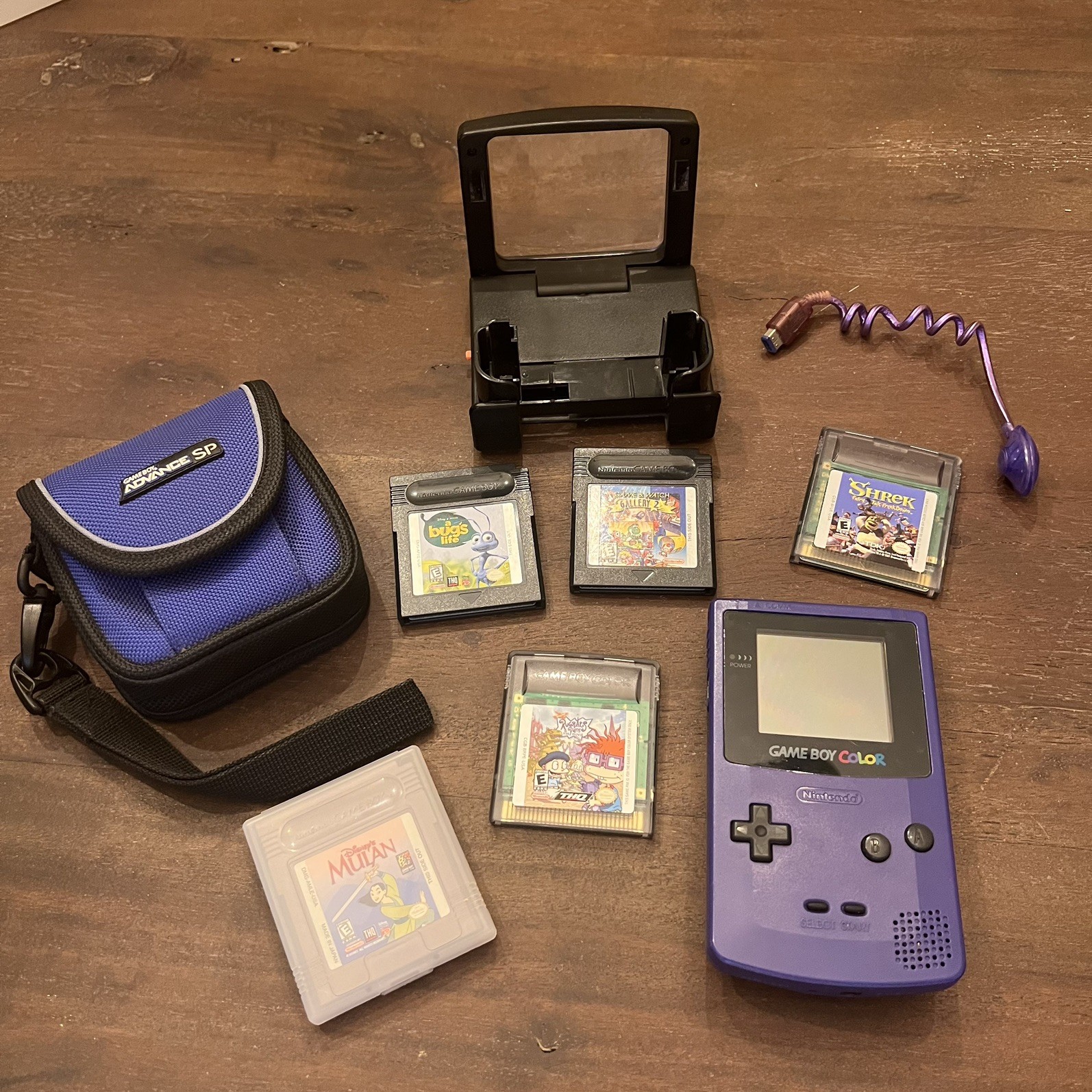 Nintendo Game Boy Color Purple, 5 games, game case, magnifier, worm light