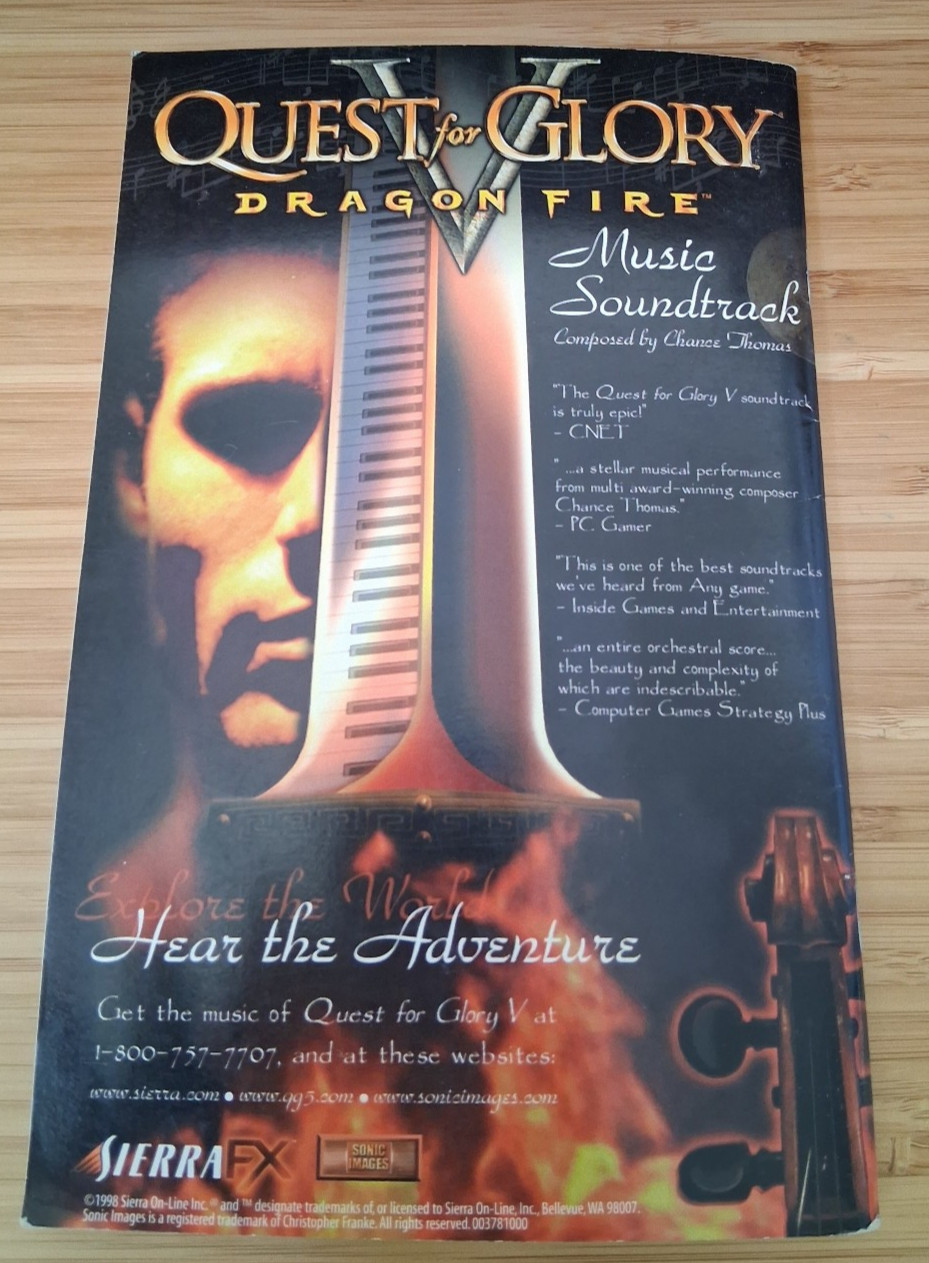 Quest for Glory V: Dragon Fire (Sierra, 1998) – Manual, Card, Hint Book NO GAME