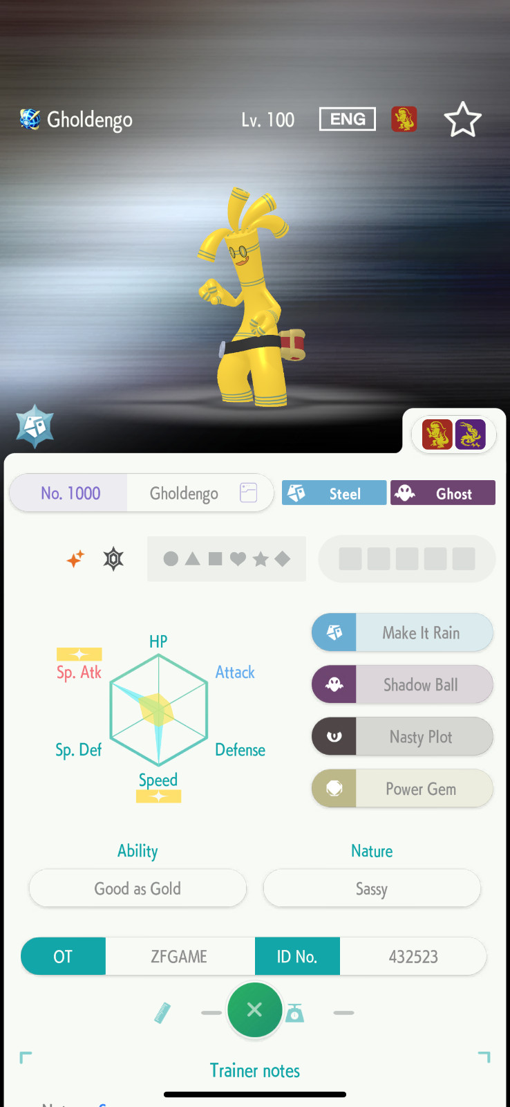 ✨6IV SHINY Gholdengo + EVS🚀 POKEMON HOME✨Champions✨Online delivery⚡