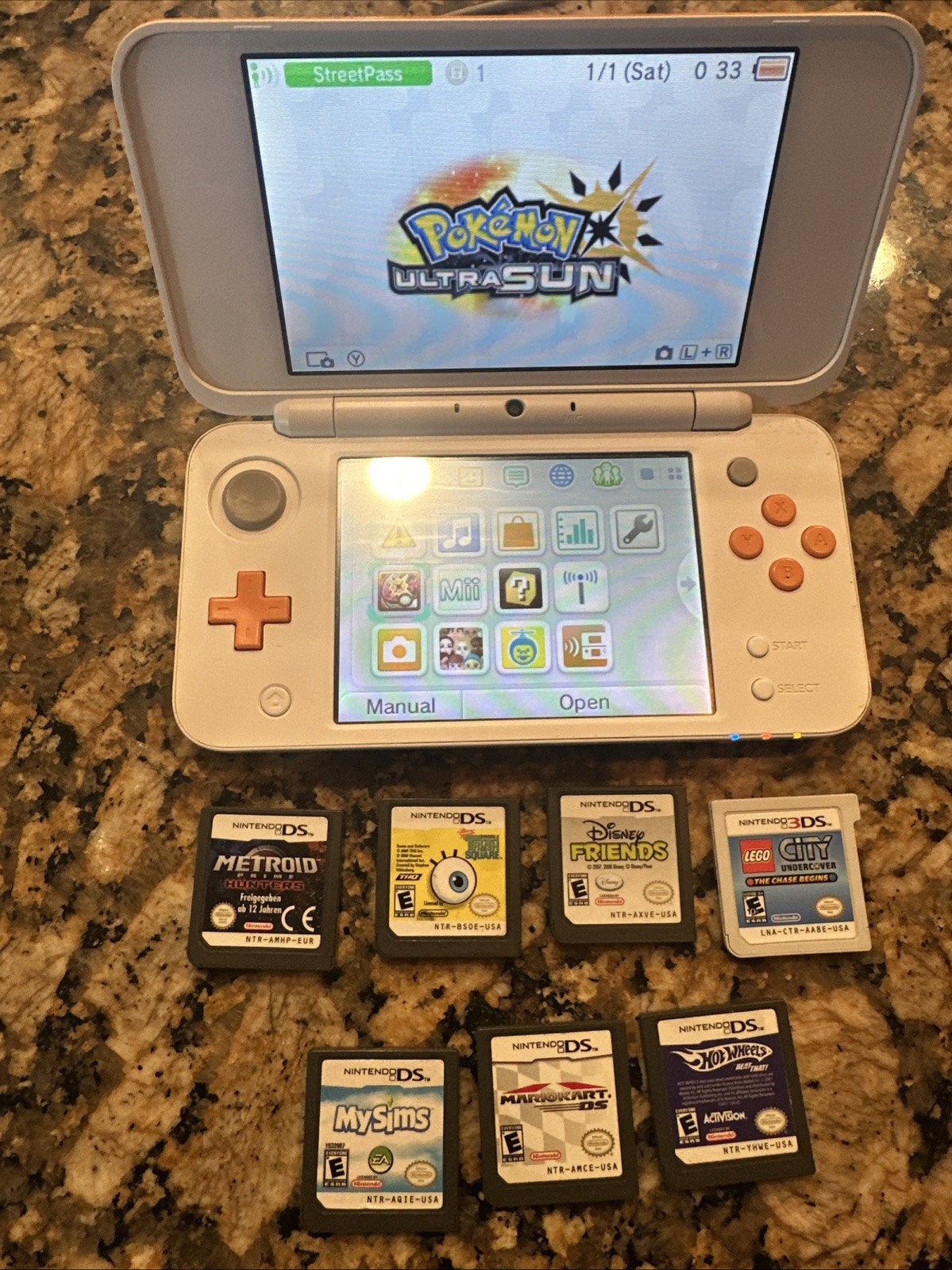 Nintendo 2DS XL Console White & Orange w/ Games (USA Seller) Tested