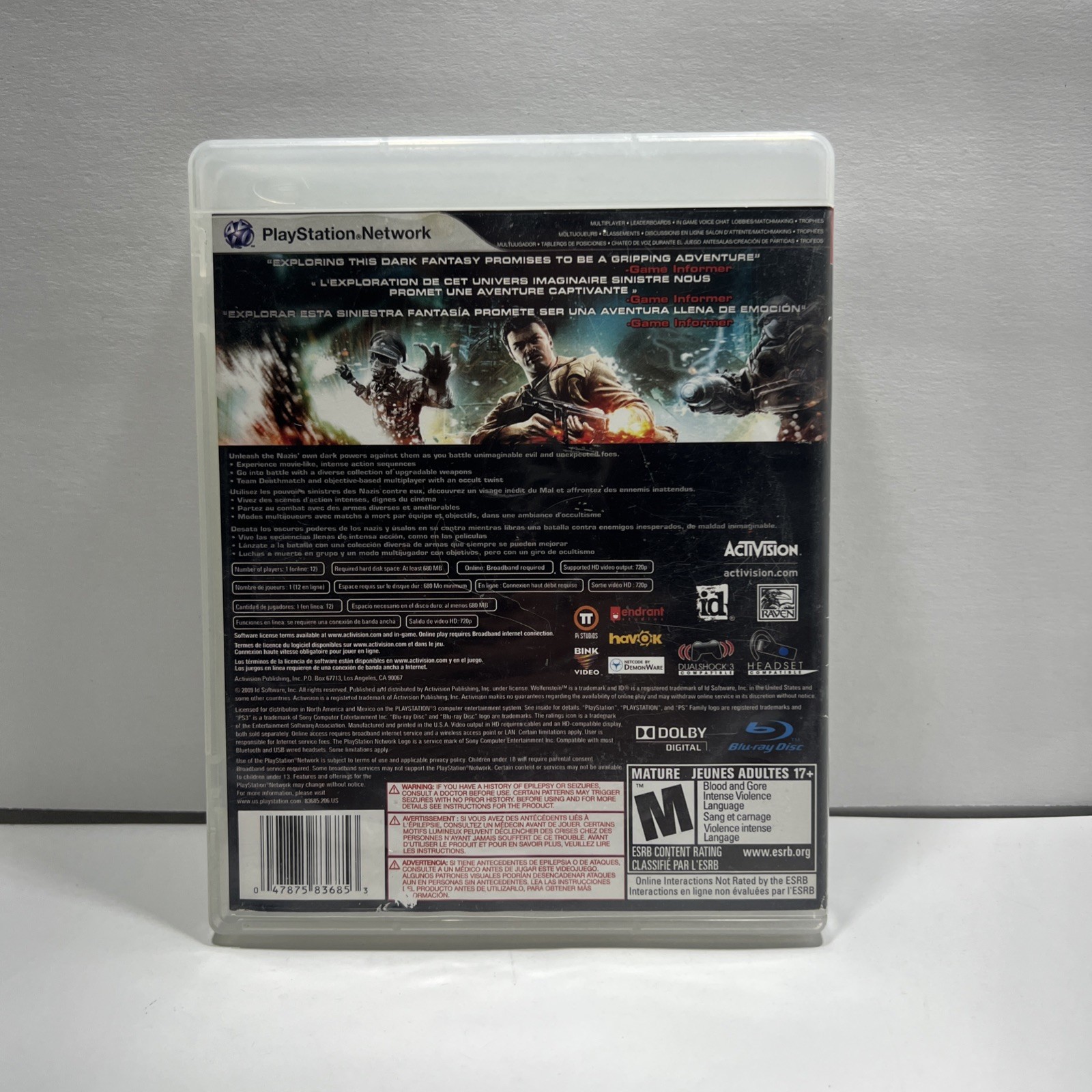 Wolfenstein PS3 game (Sony PlayStation 3, PS3, 2009) No Manual