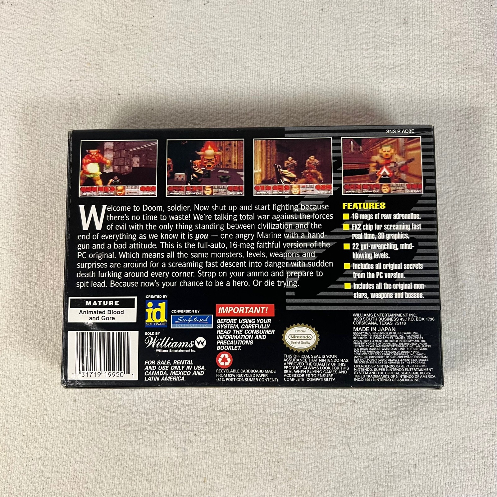 Doom Super Nintendo Entertainment System 1995 Complete CIB Manual Dust Cover